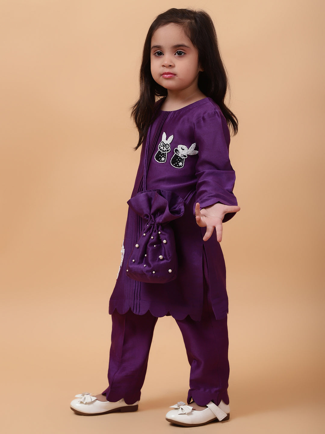 Purple Bunny Hand Embroidered Motifs Kurta-Set