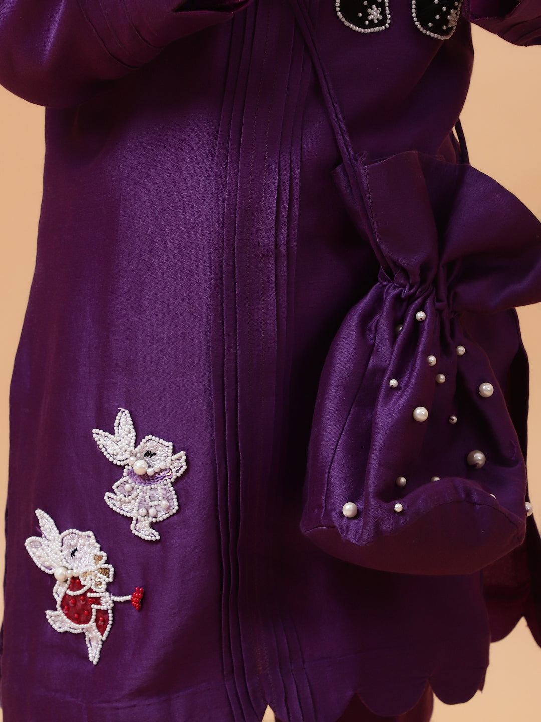 Purple Bunny Hand Embroidered Motifs Kurta-Set