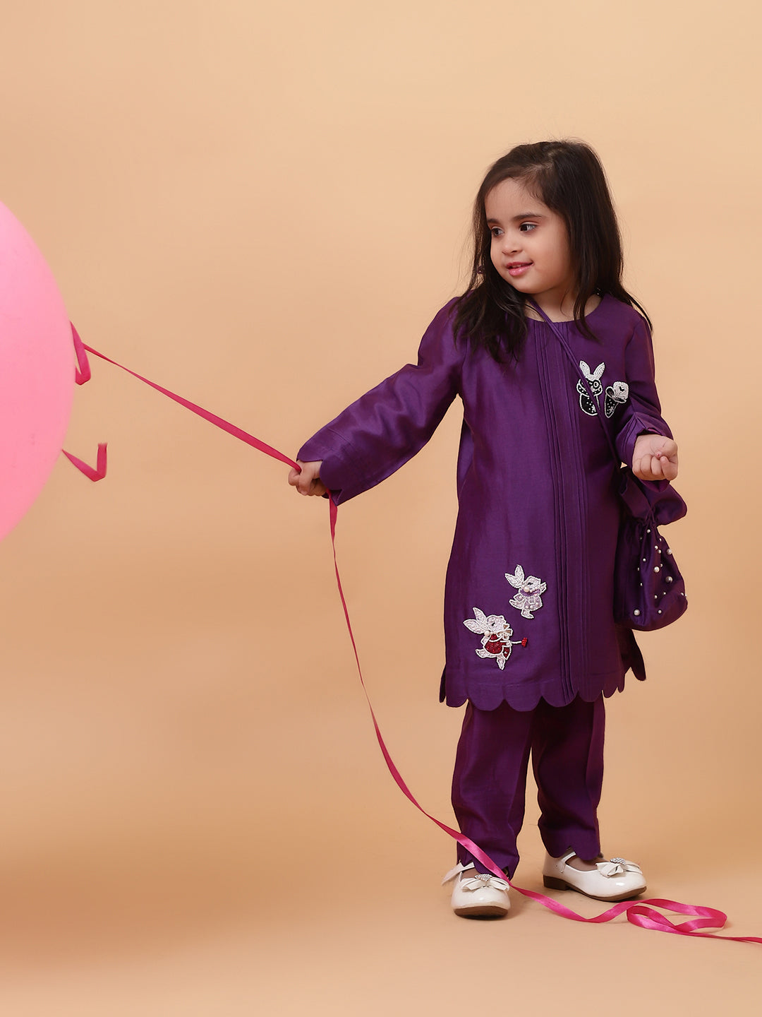Purple Bunny Hand Embroidered Motifs Kurta-Set
