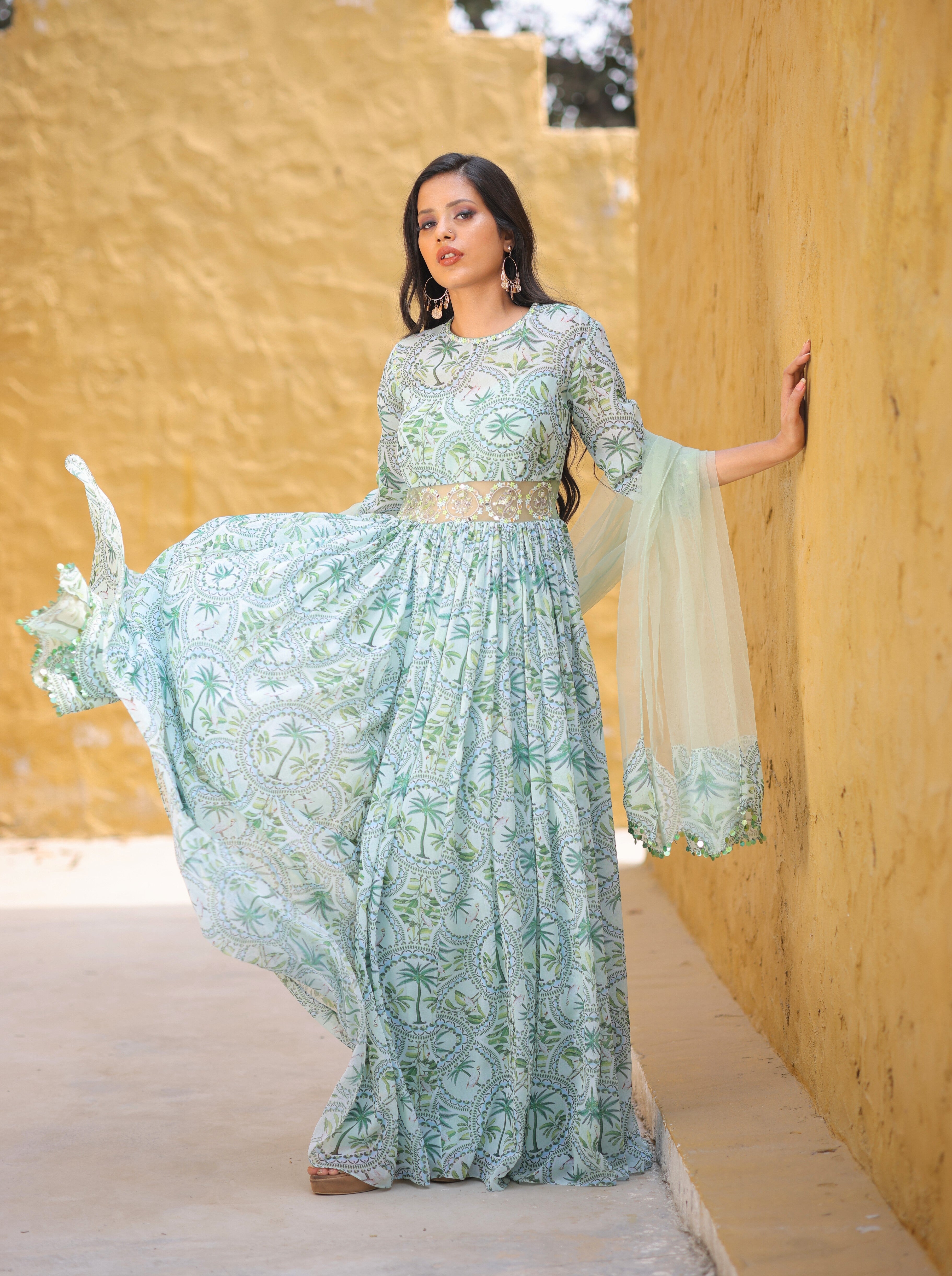 Jade Green Tropical Print Georgette anarkali