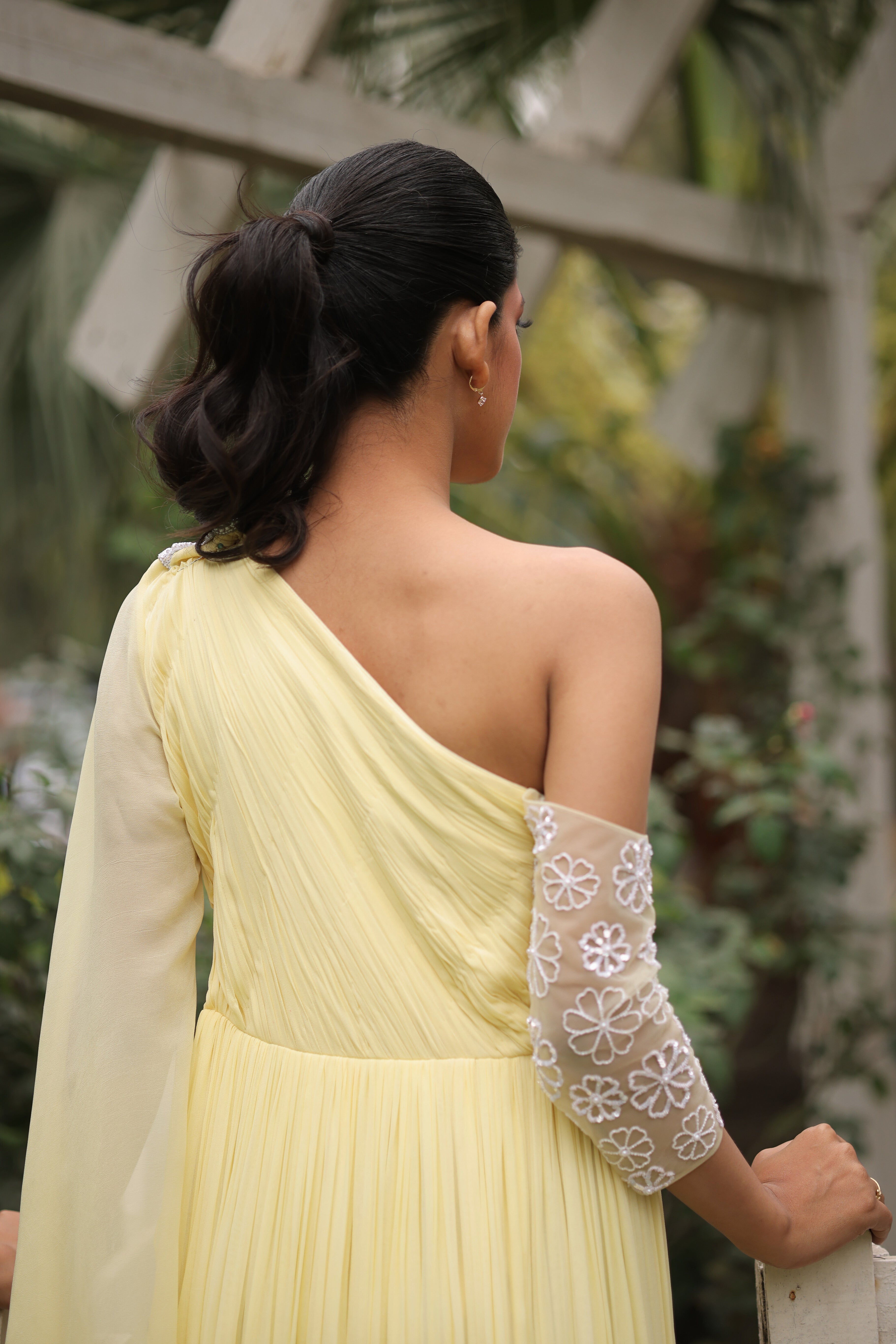 Lemon Sorbet Embroidered one shoulder gown