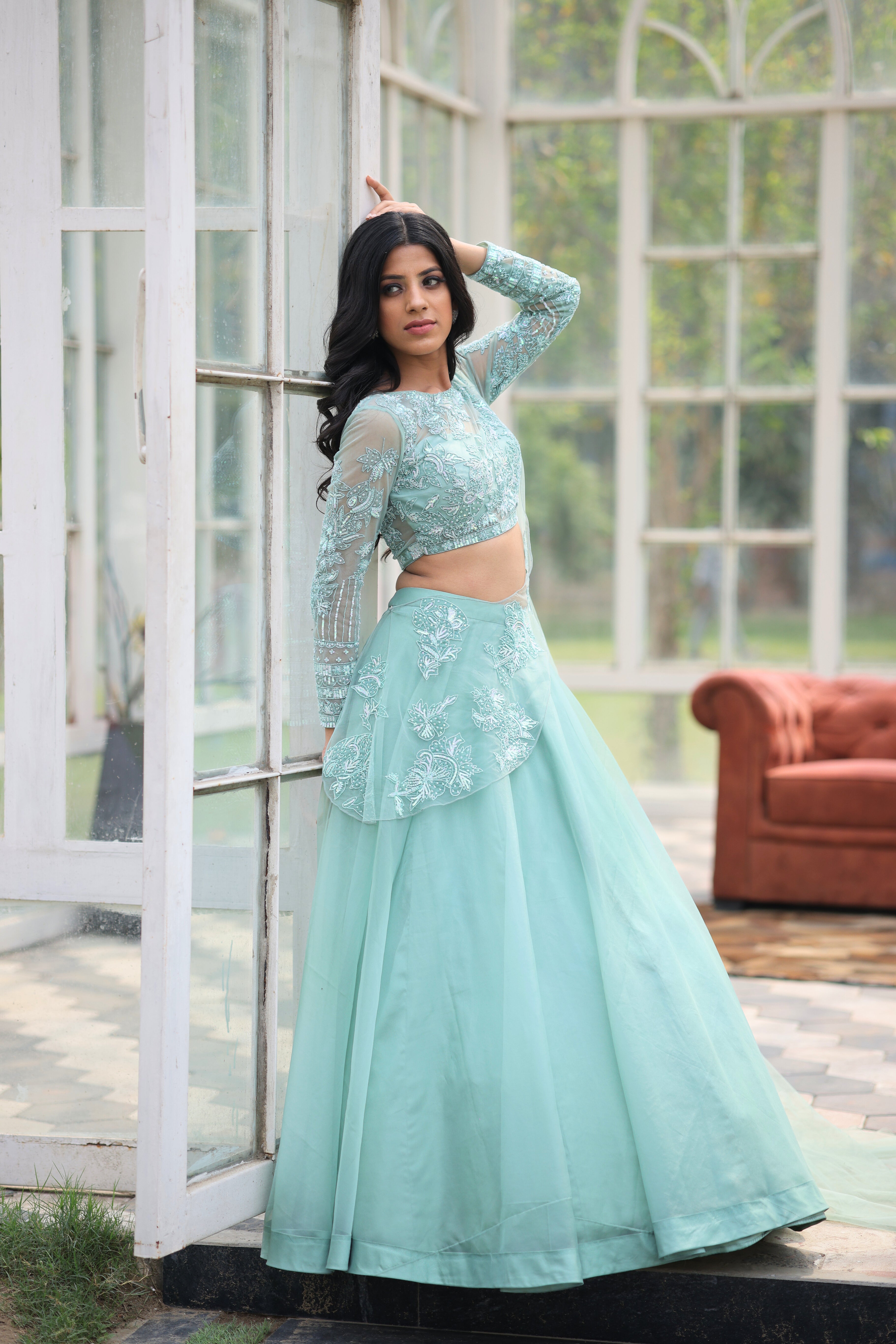 Mint Green Organza Cocktail Lehenga