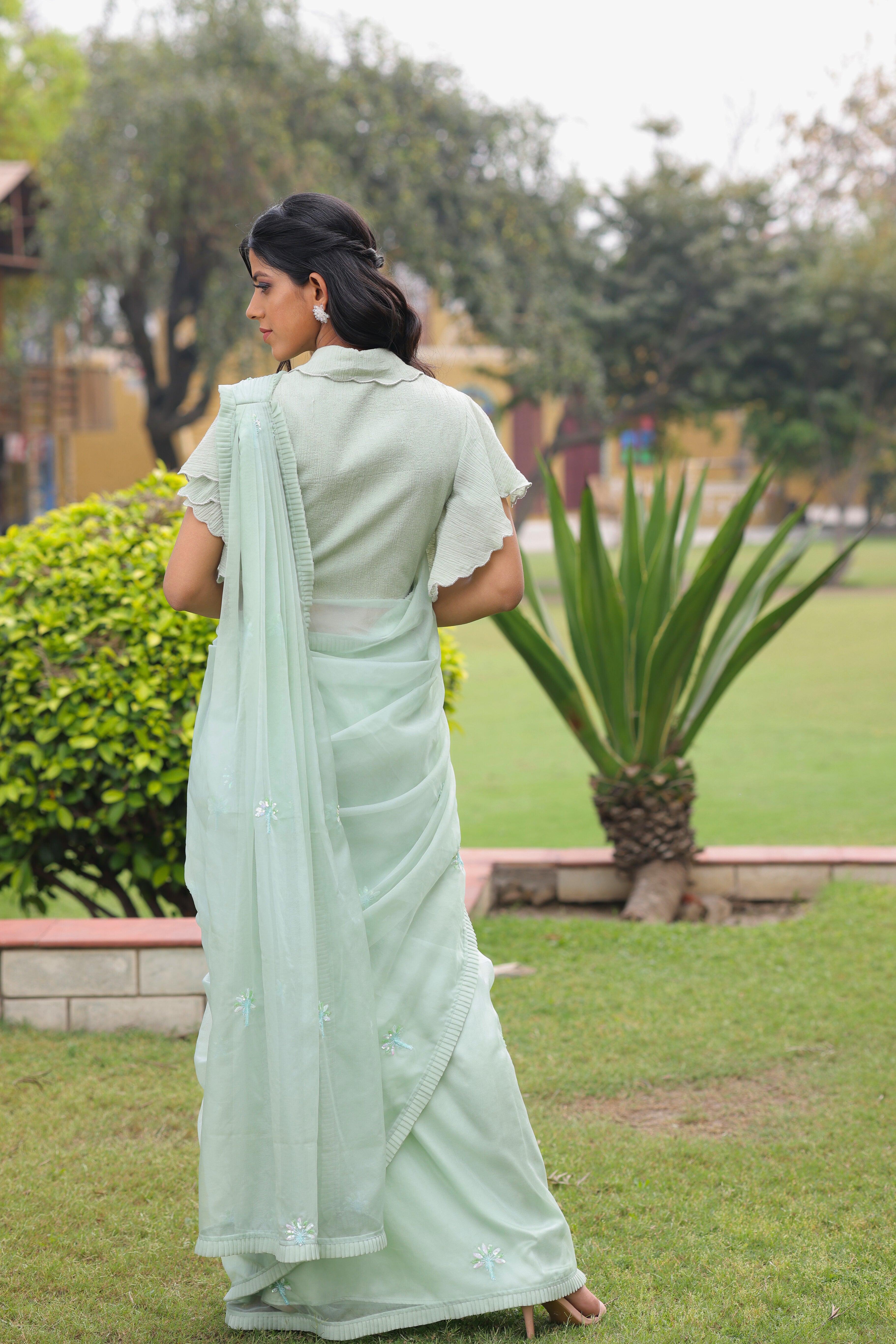 Jade Green Pre Draped Organza Saree