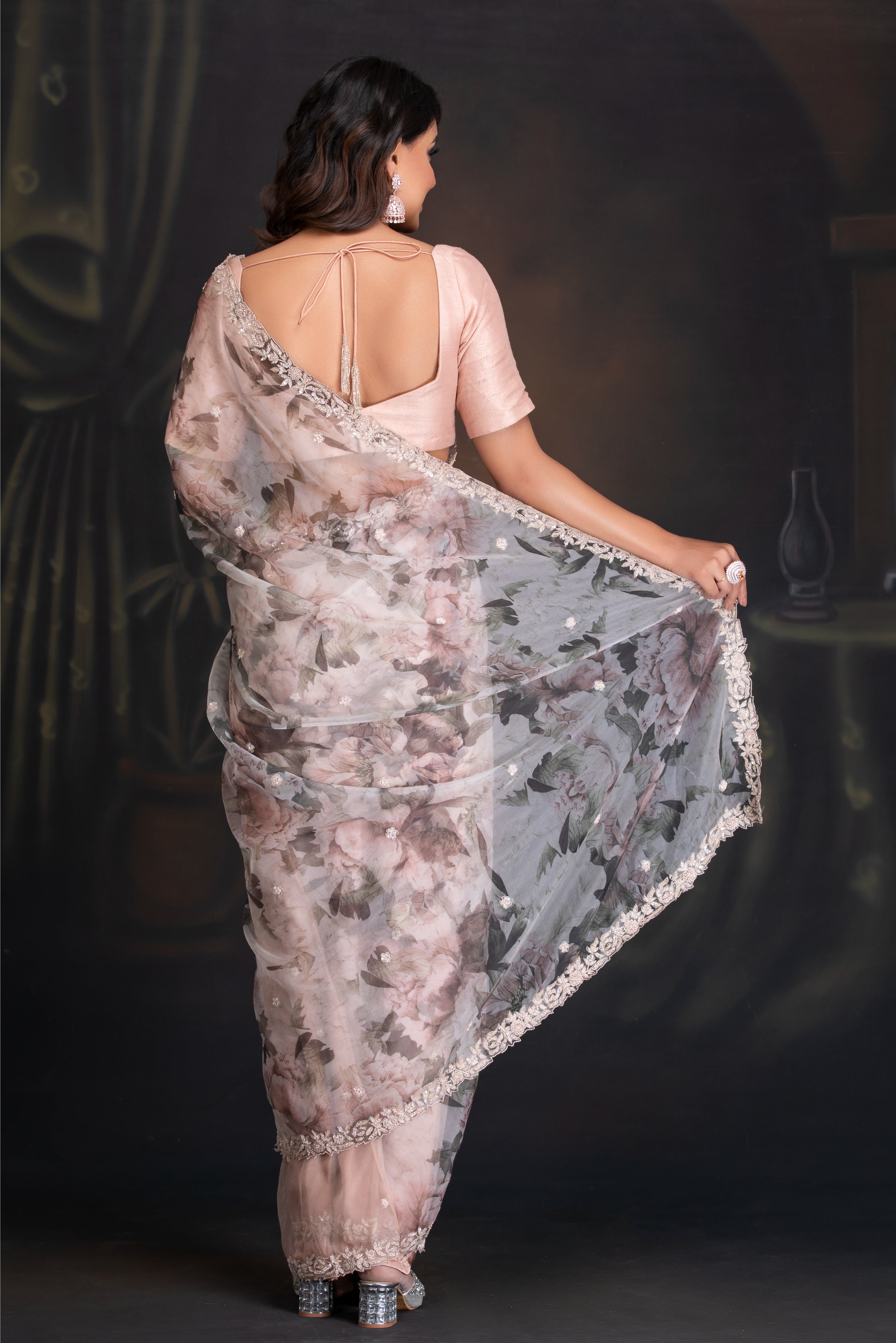 Lotus Pink Printed Saree Set