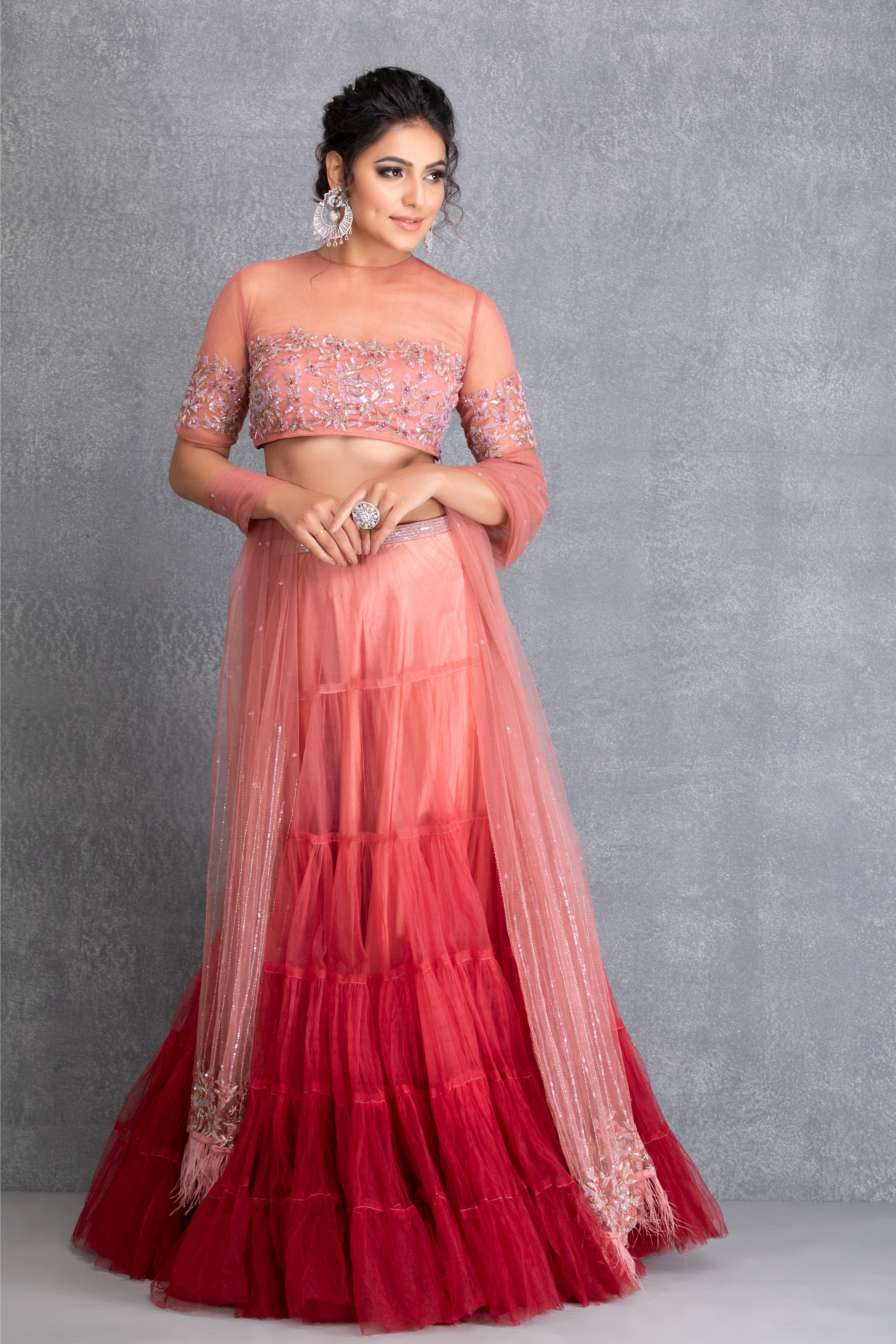 Mulberry & Wine Embroidered Layered Lehenga Set