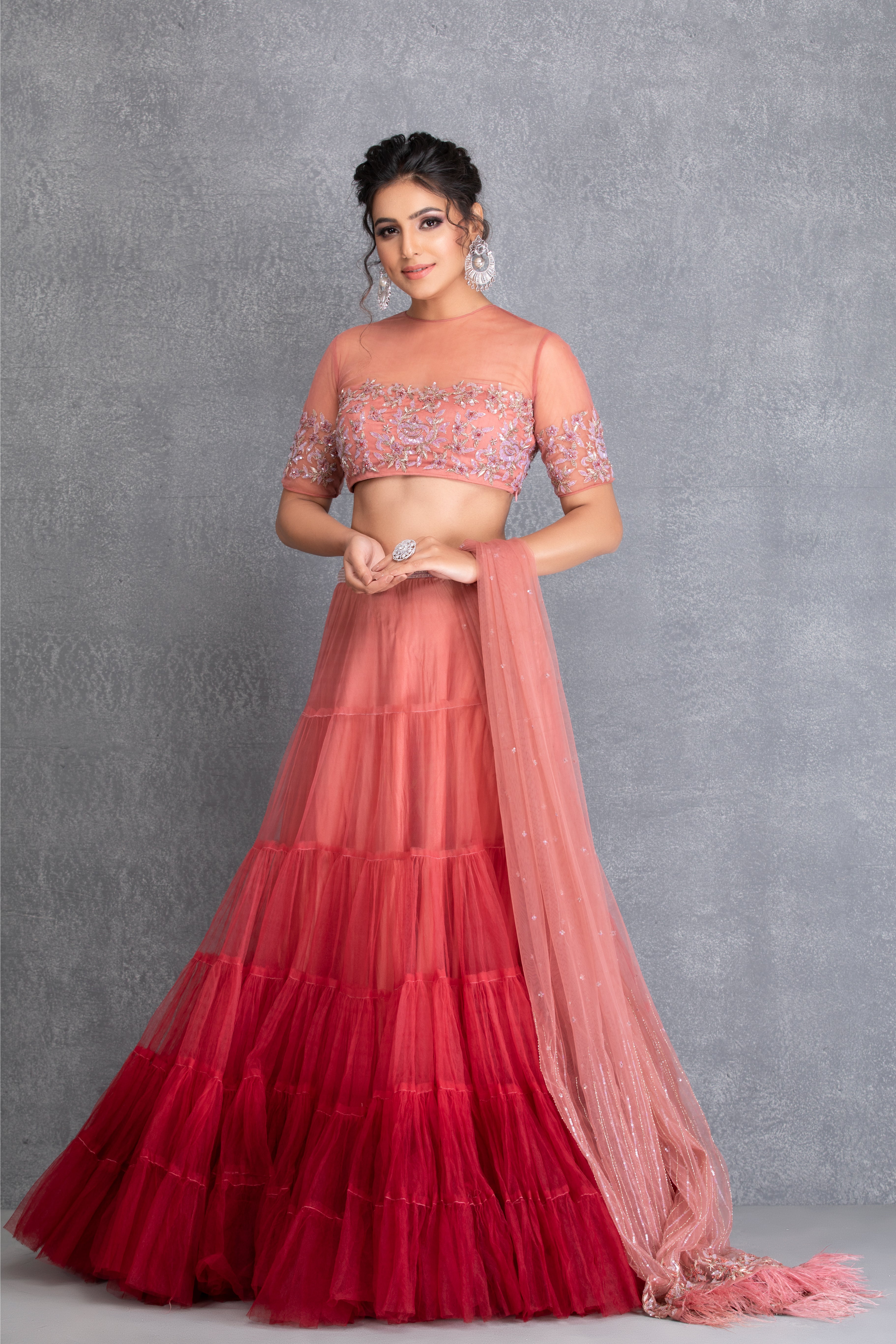 Mulberry & Wine Embroidered Layered Lehenga Set