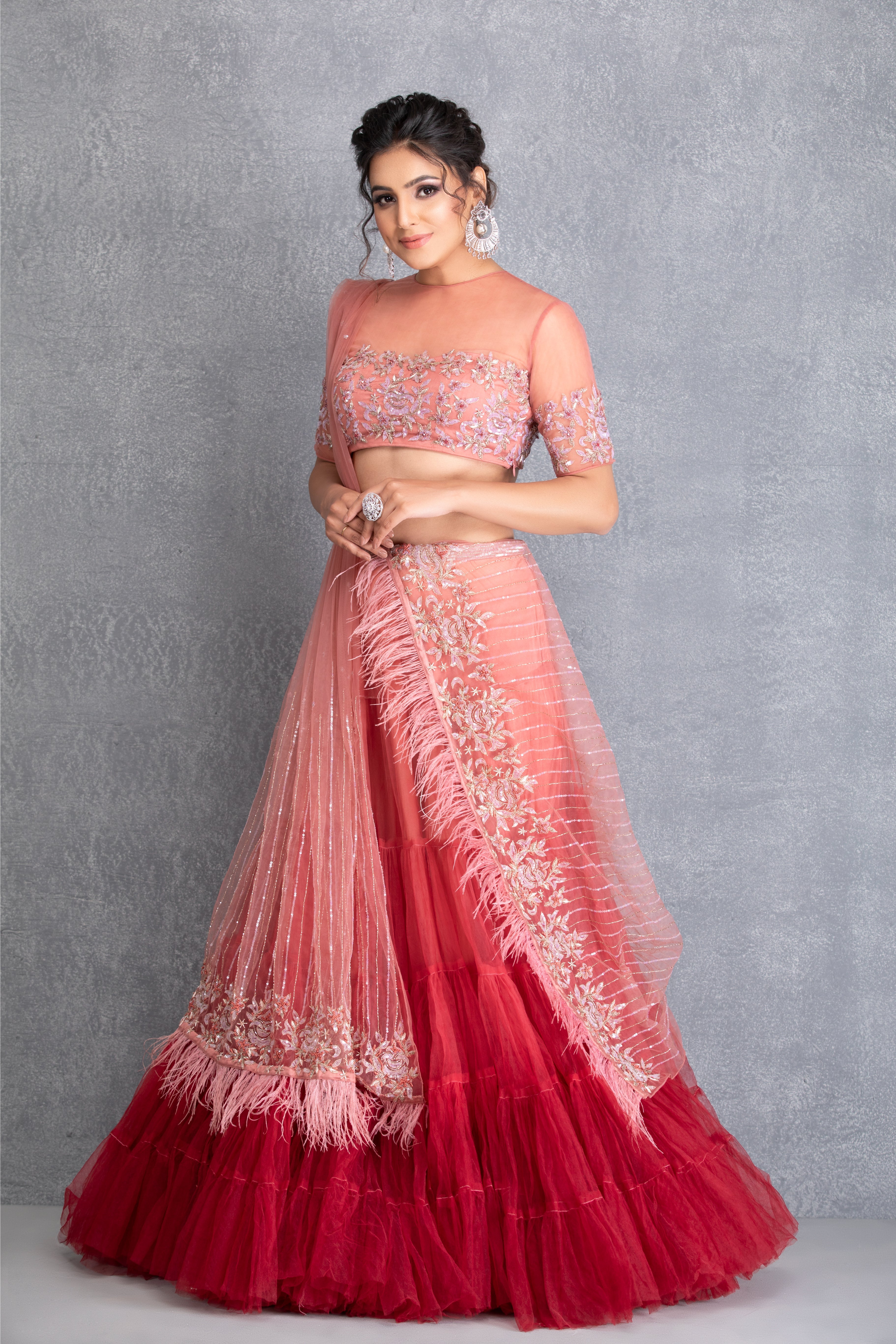Mulberry & Wine Embroidered Layered Lehenga Set