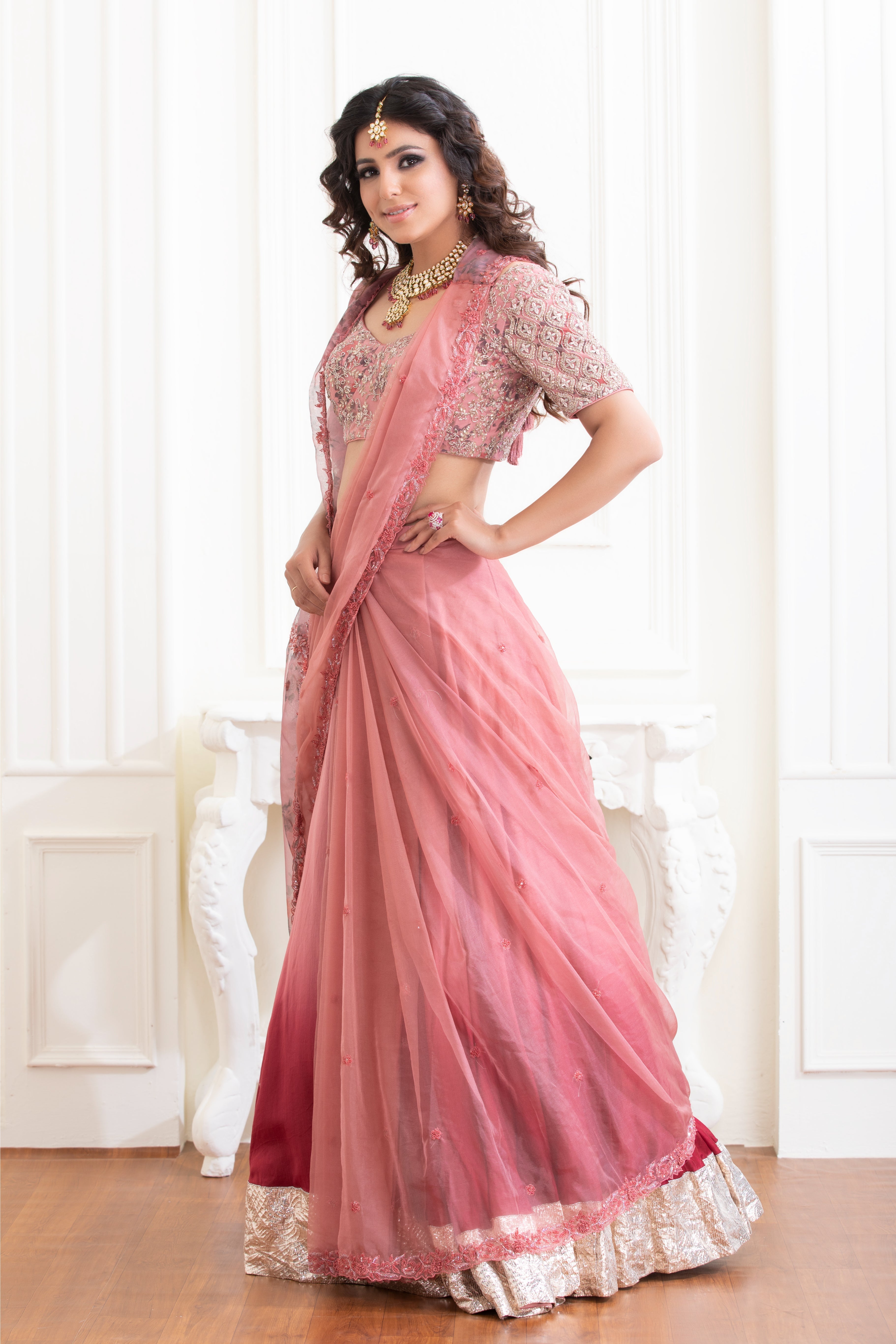 Mulberry To Wine Printed & Embroidered Lehenga Saree Set