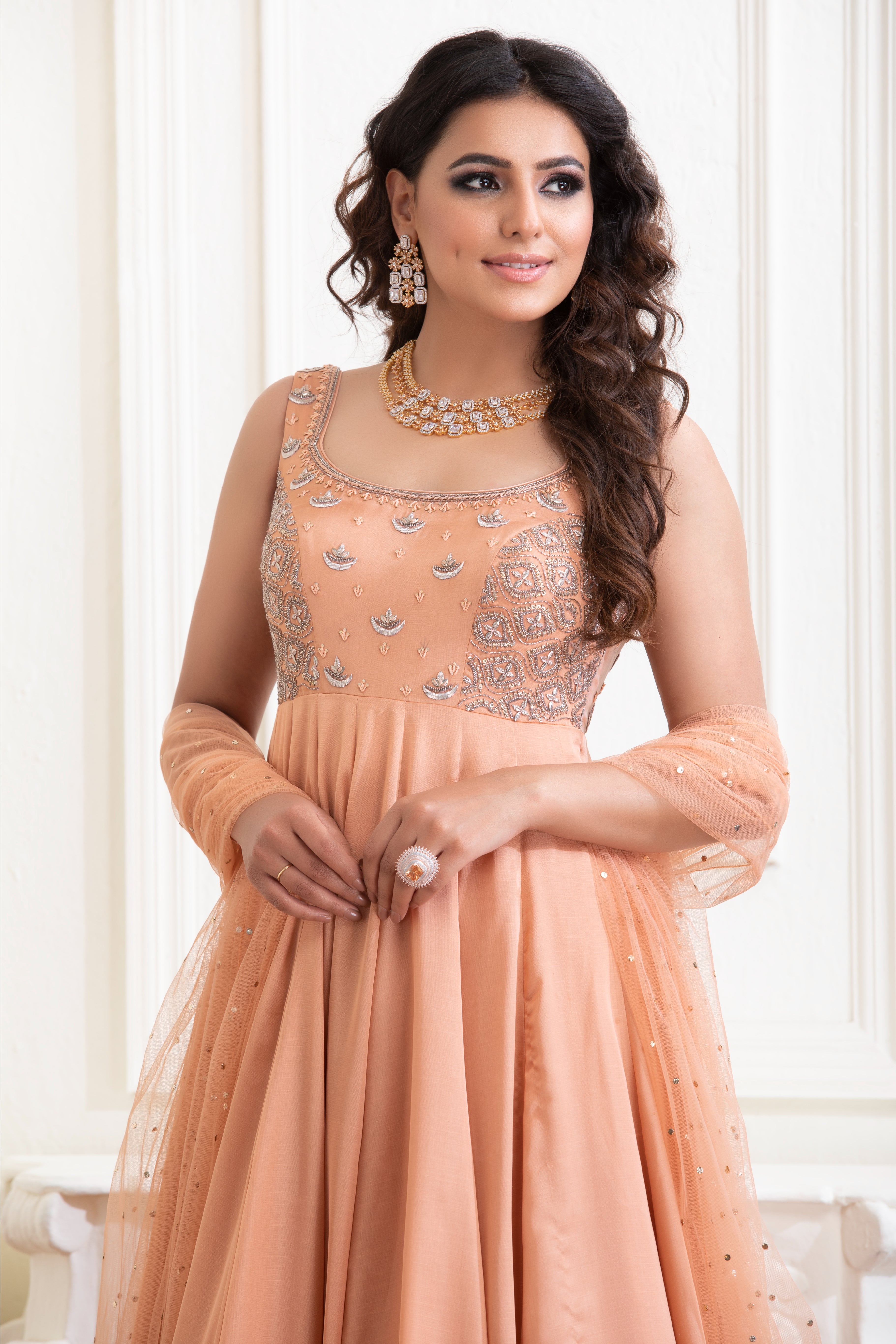 Peach Embroidered Anarkali With Dupatta