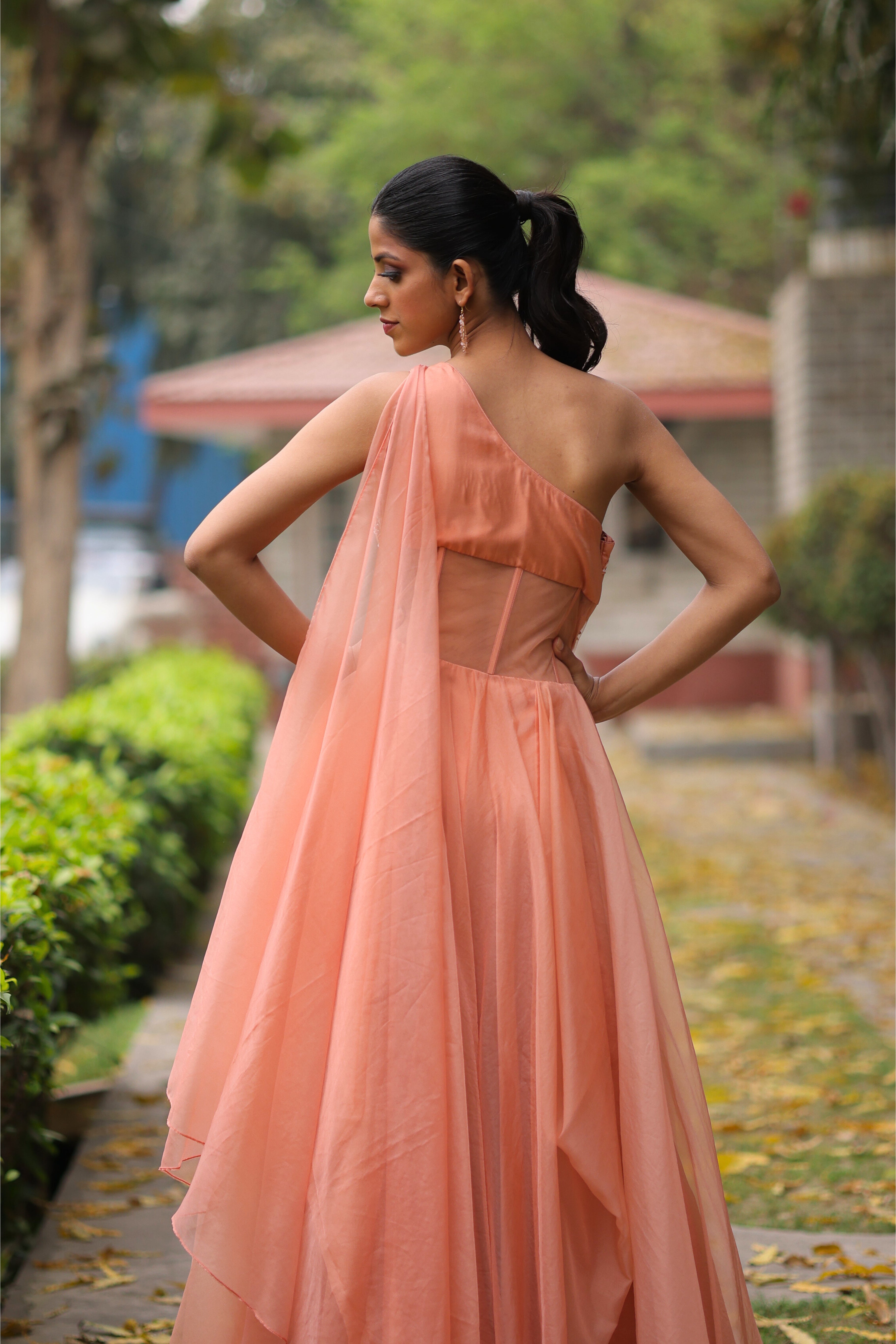 Peach Nectar Organza Embroidered Gown