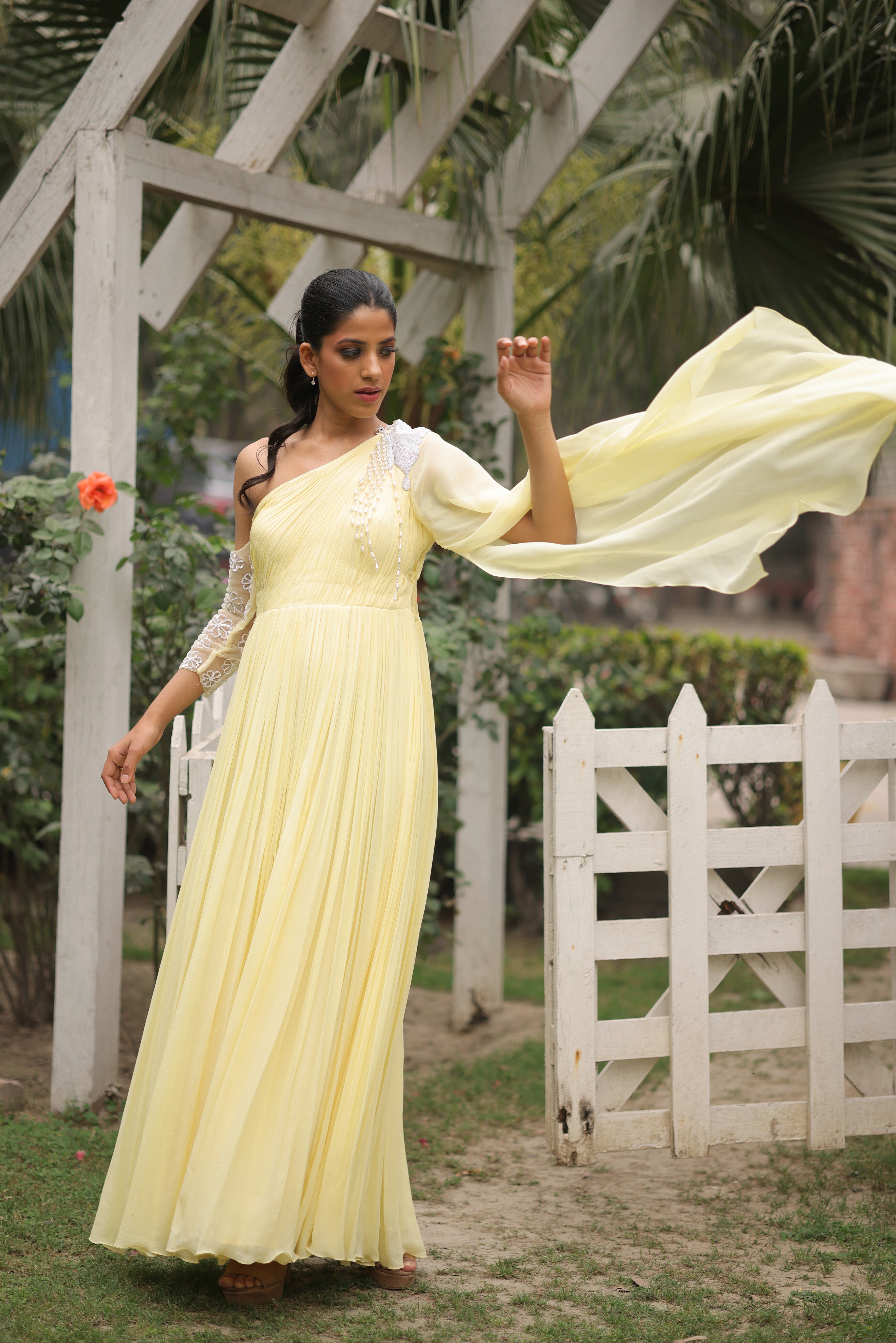 Lemon Sorbet Embroidered one shoulder gown