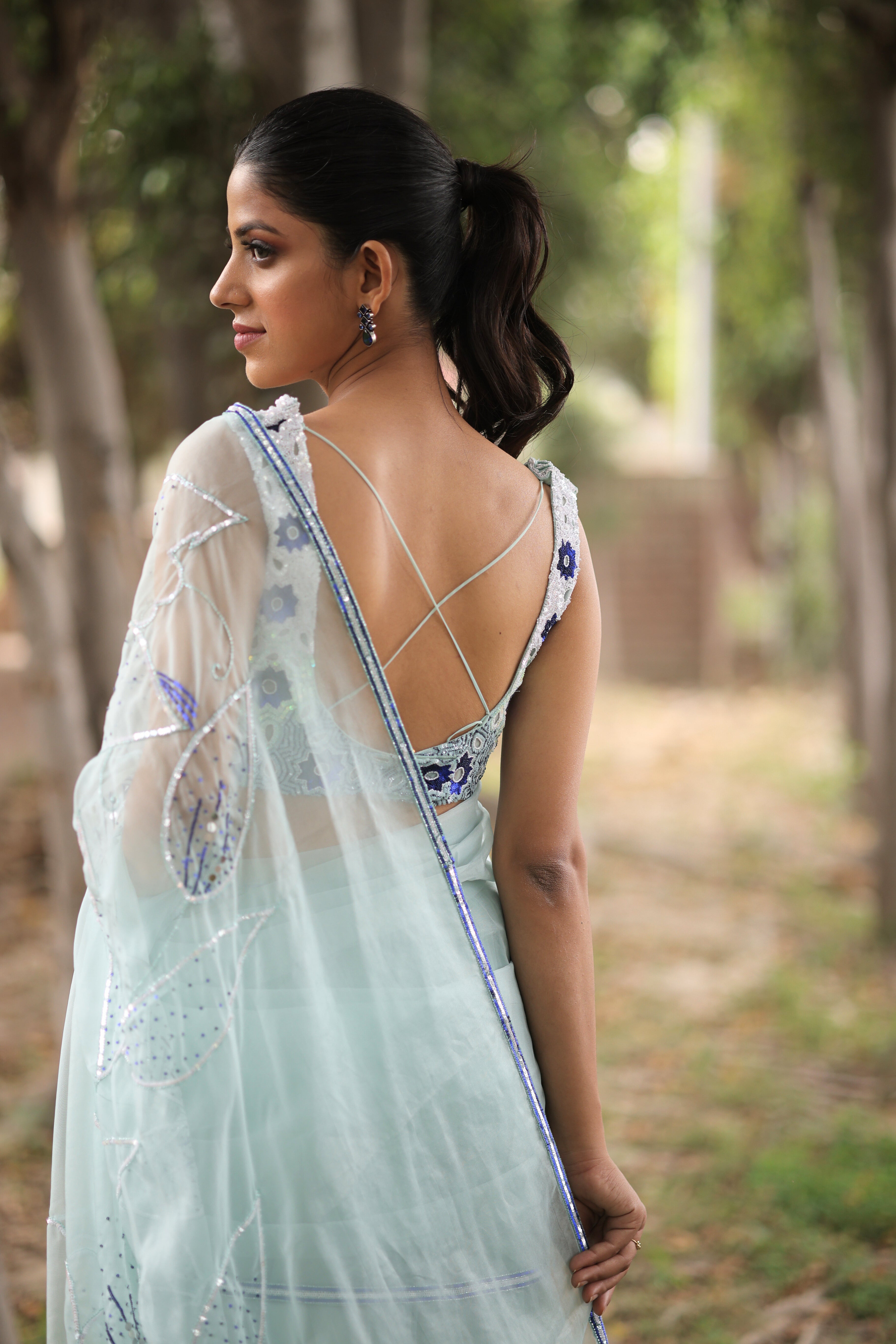 Ice Blue Pre - Draped Saree