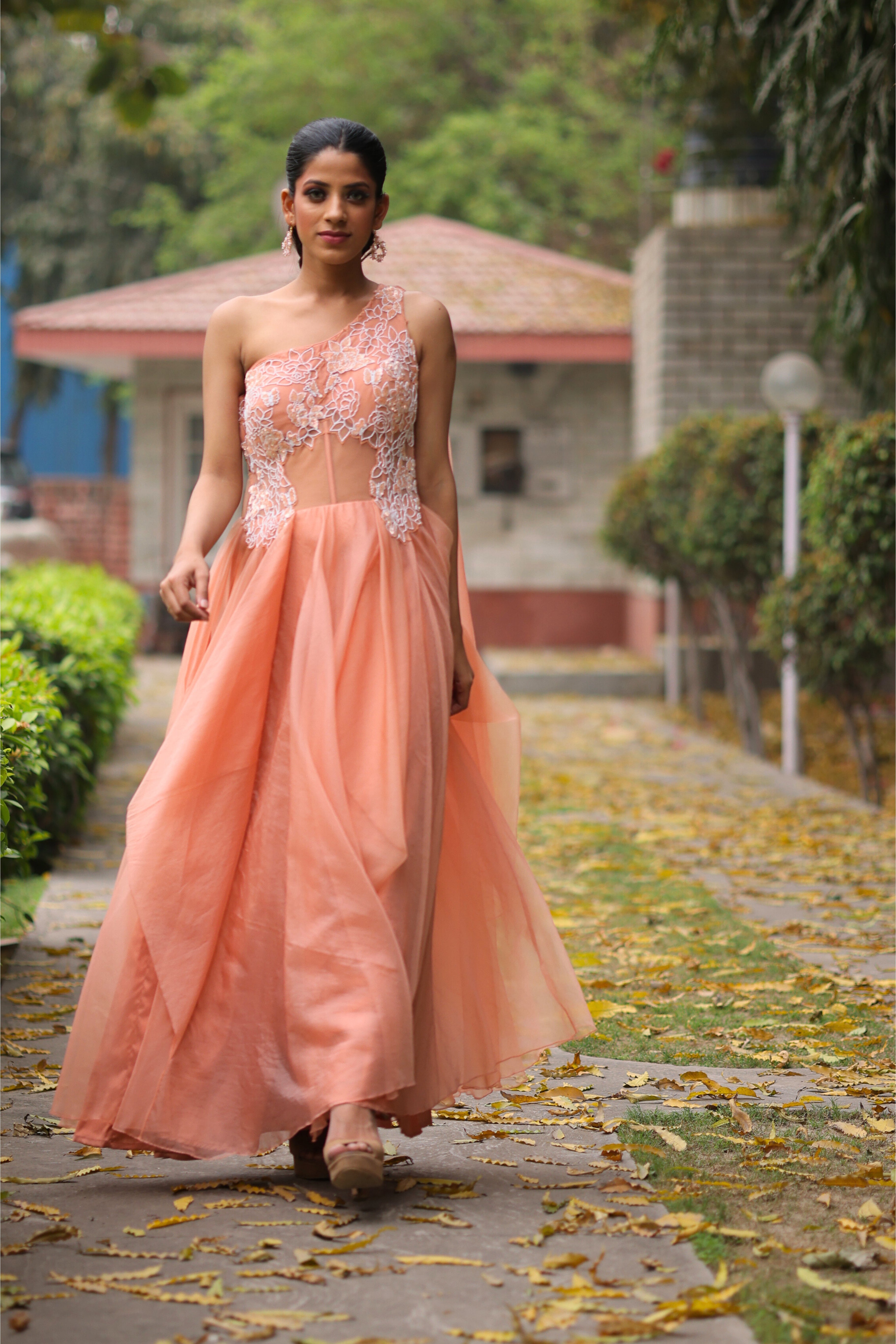 Peach Nectar Organza Embroidered Gown