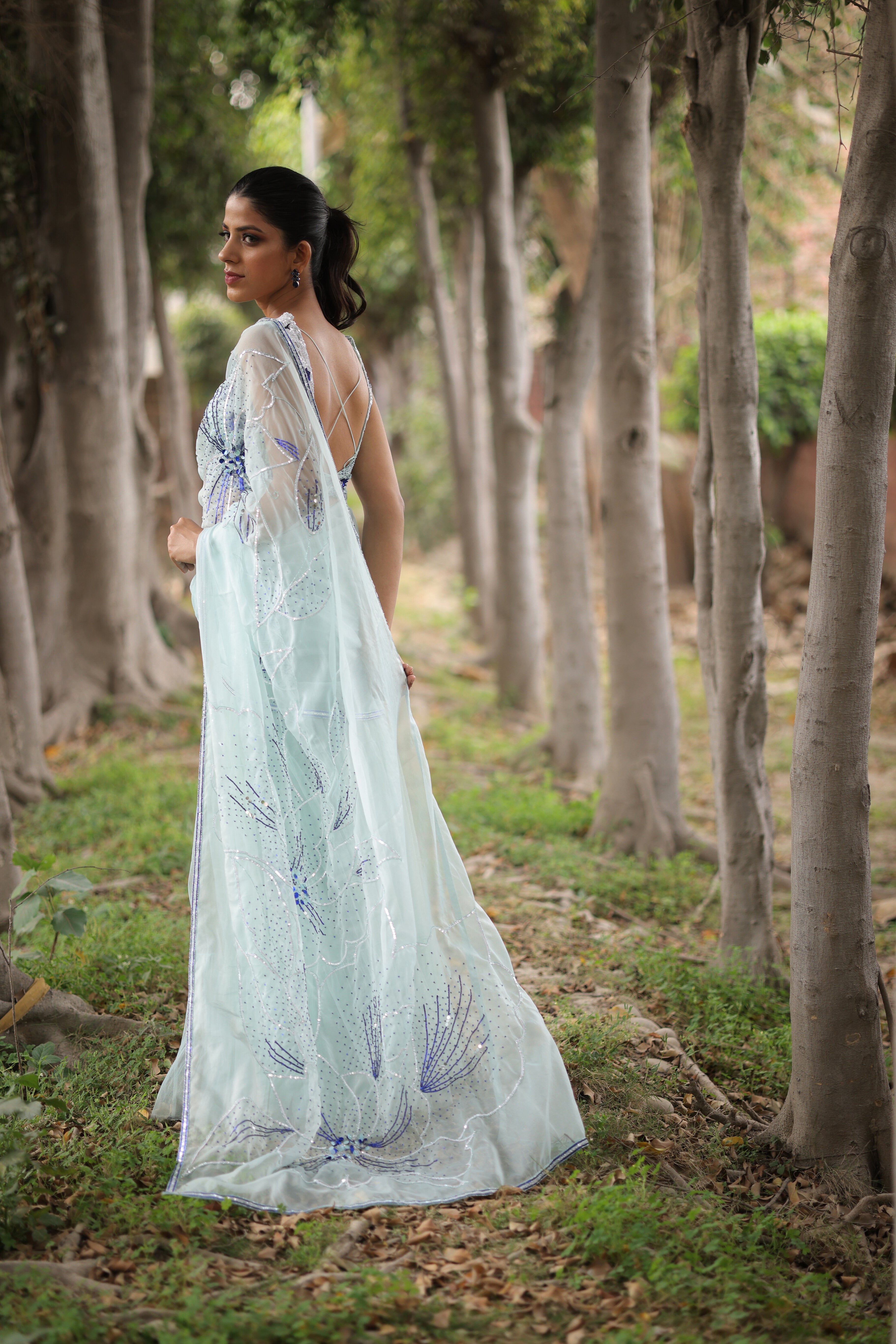 Ice Blue Pre - Draped Saree