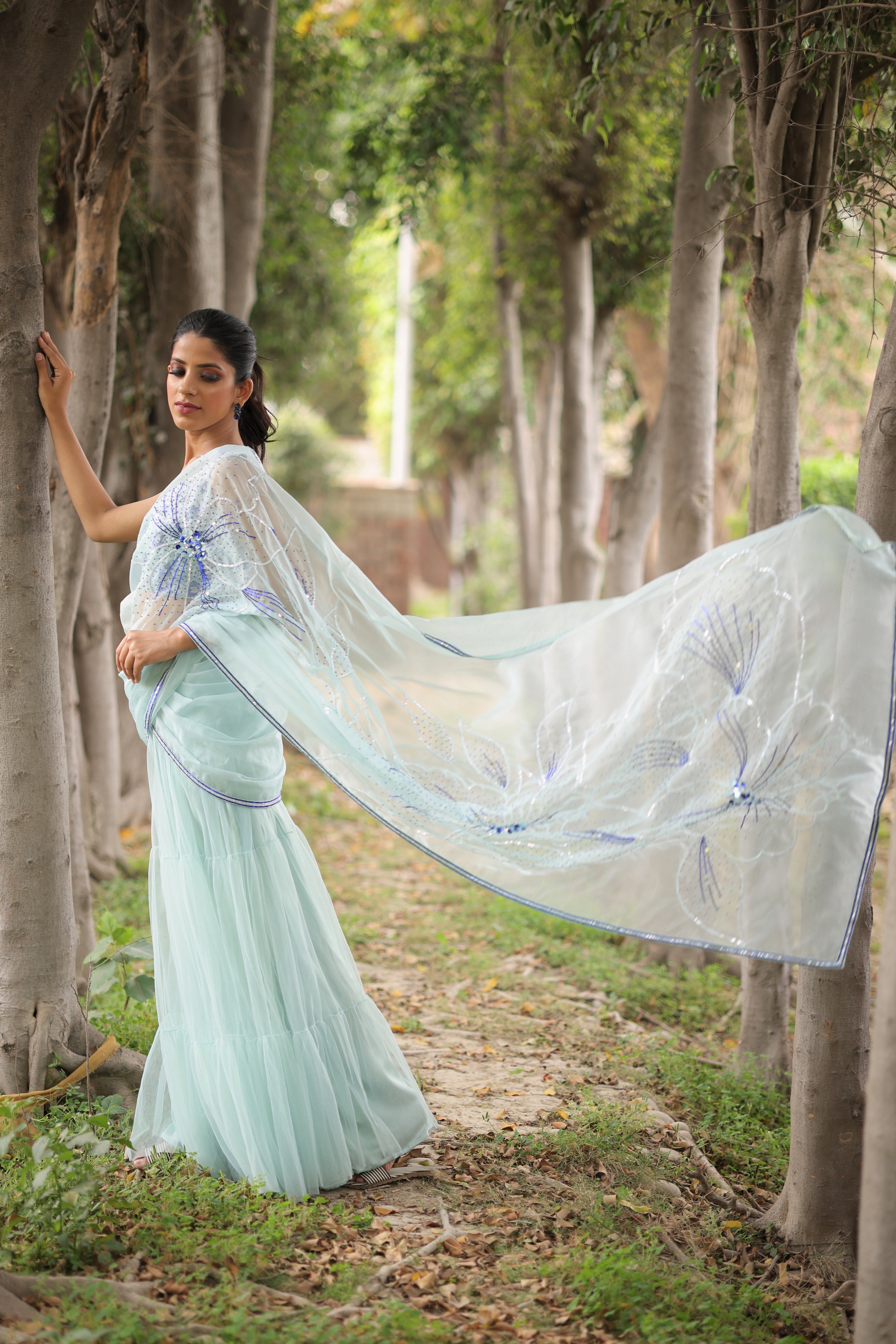 Ice Blue Pre - Draped Saree