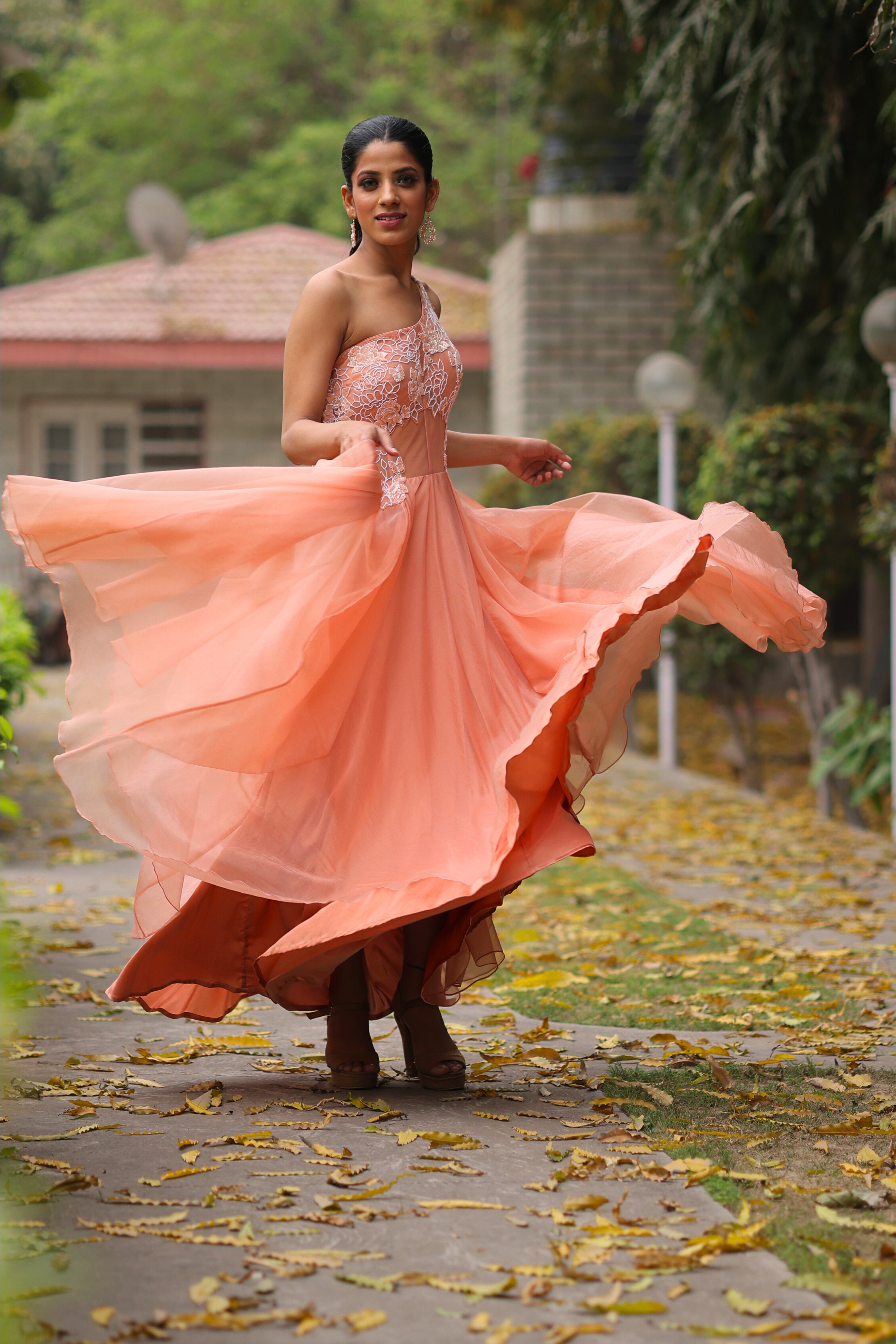 Peach Nectar Organza Embroidered Gown