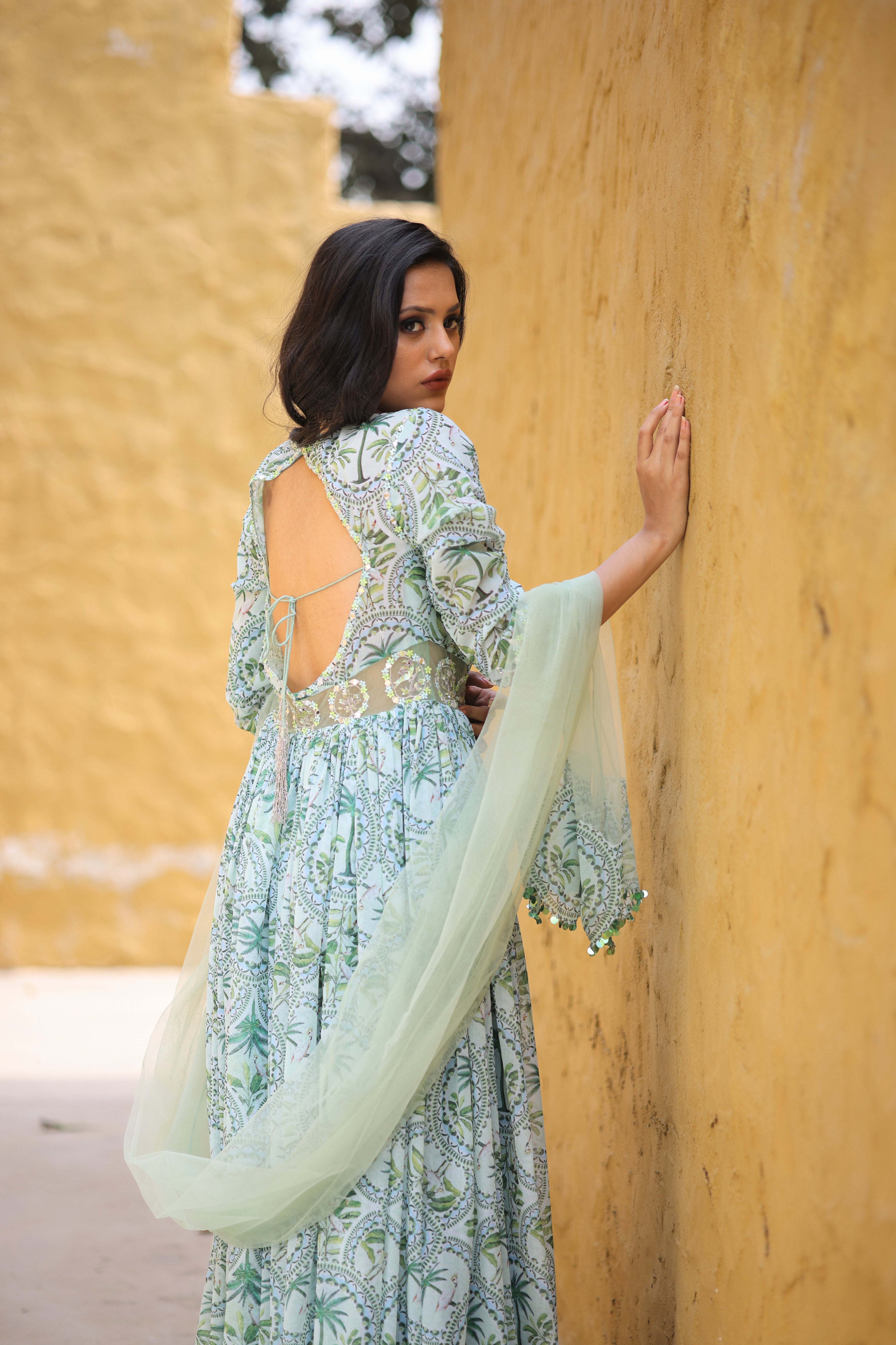 Jade Green Tropical Print Georgette anarkali