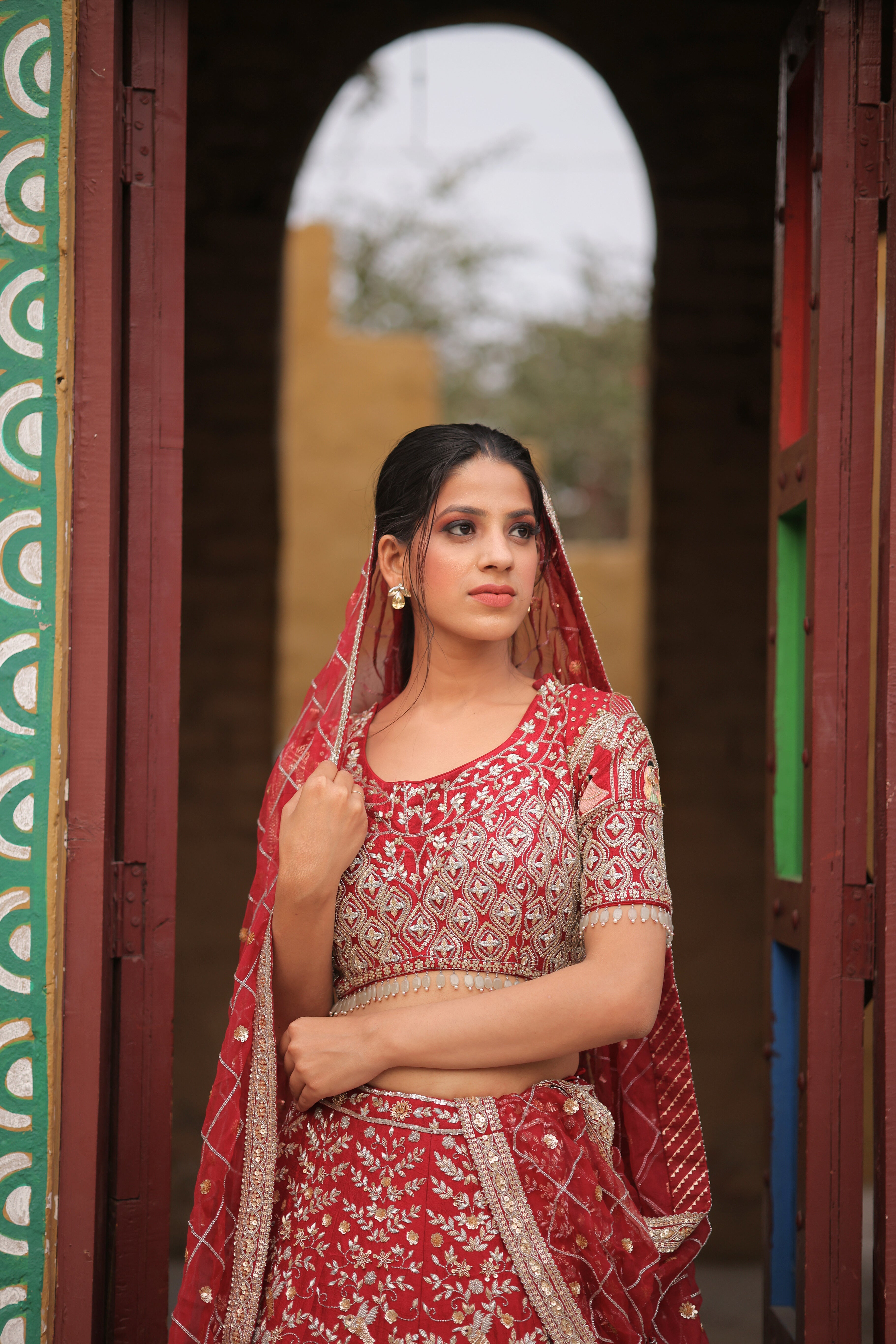 Red Embroidered Bridal Kalidar Lehenga set