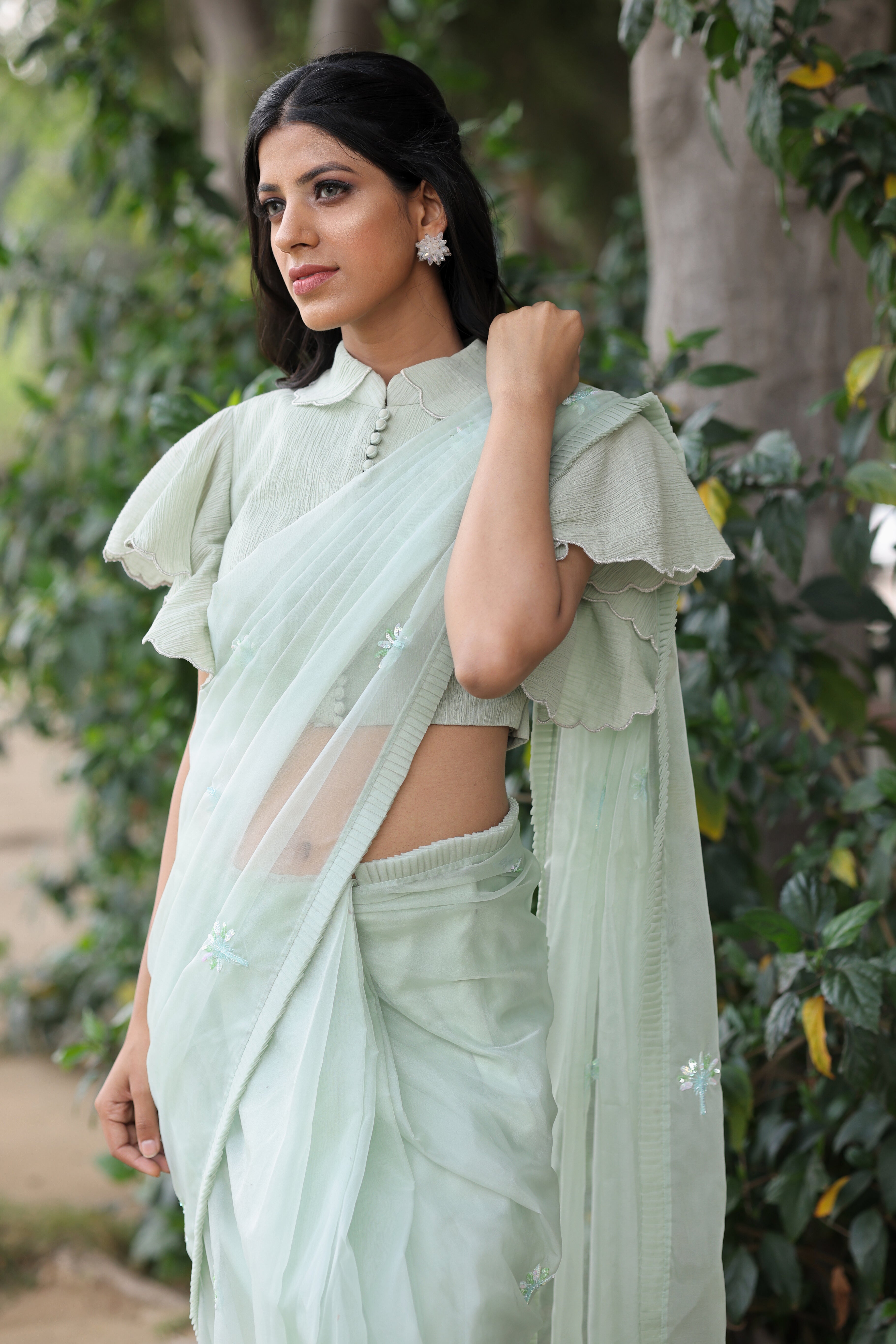 Jade Green Pre Draped Organza Saree