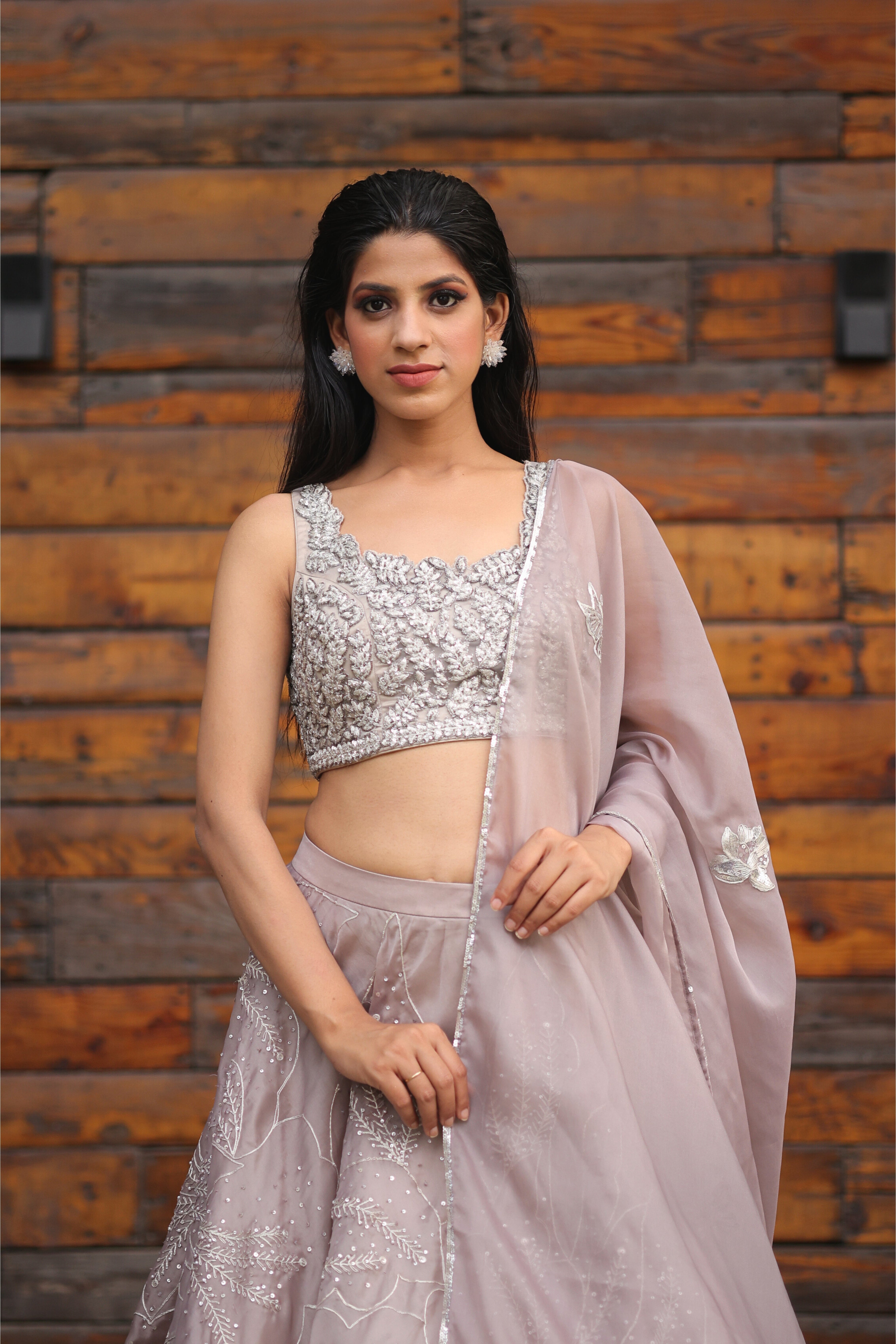 Smoke Grey Sequin work Organza Lehenga set