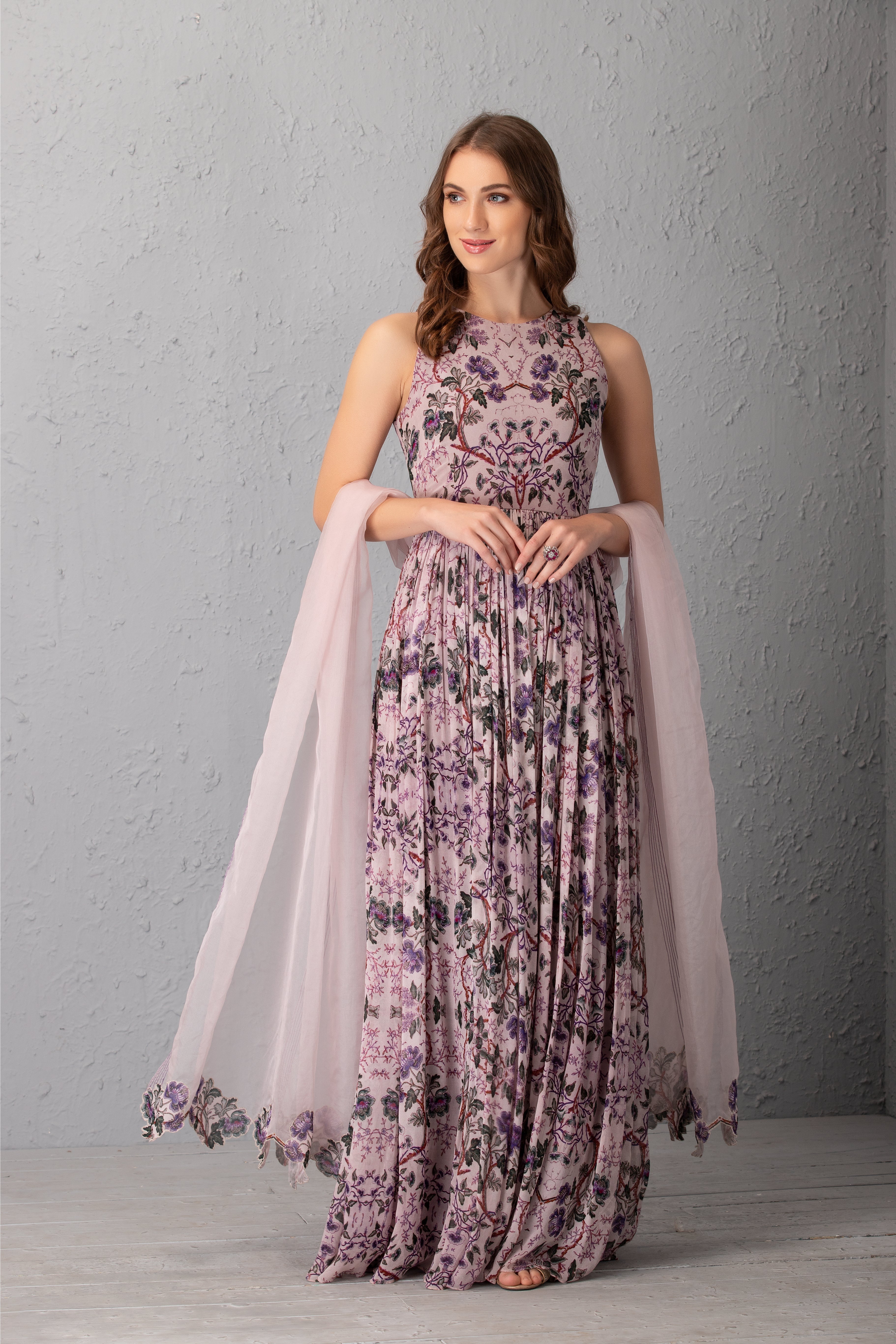 Mauve Floral Printed Anarkali Set