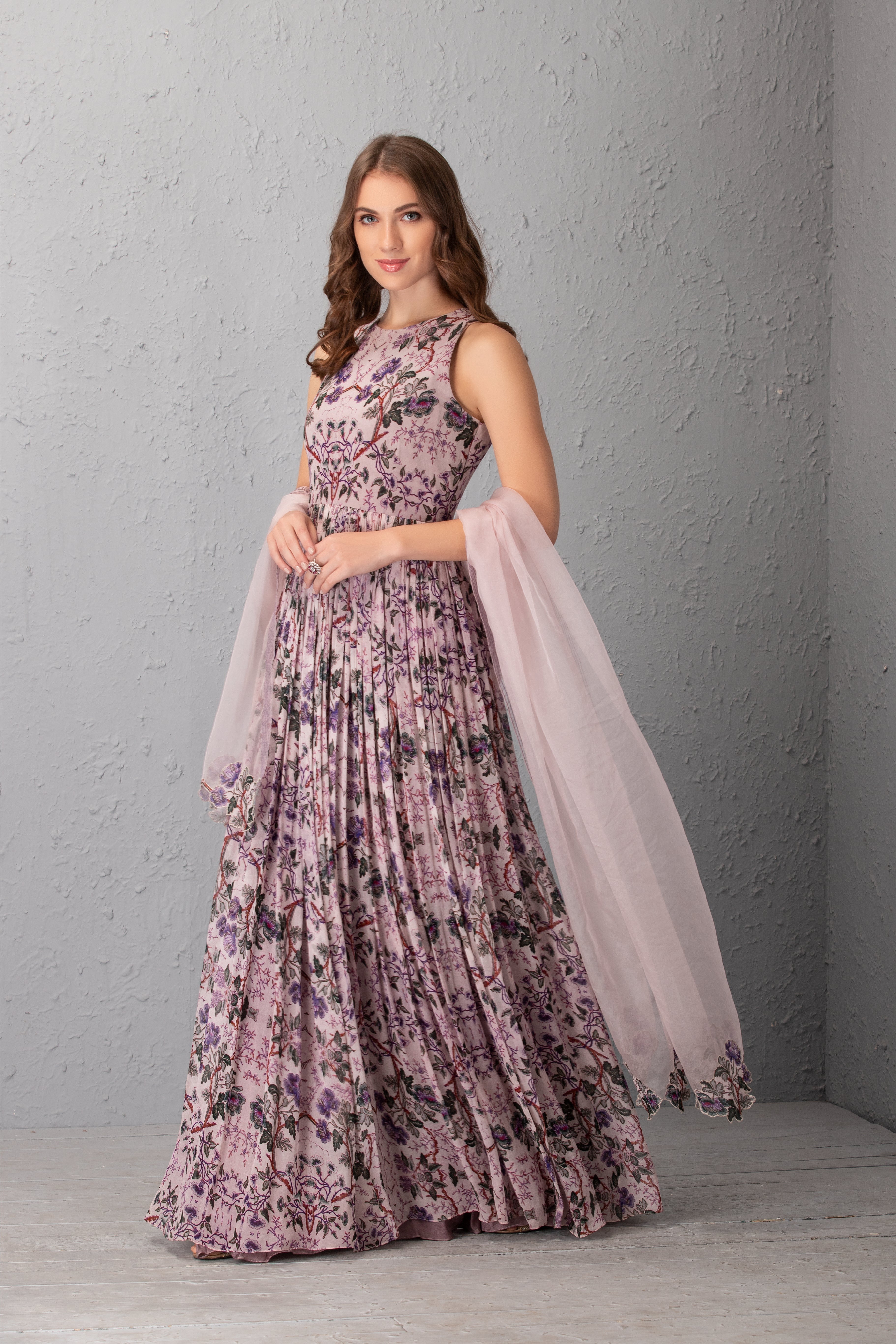 Mauve Floral Printed Anarkali Set