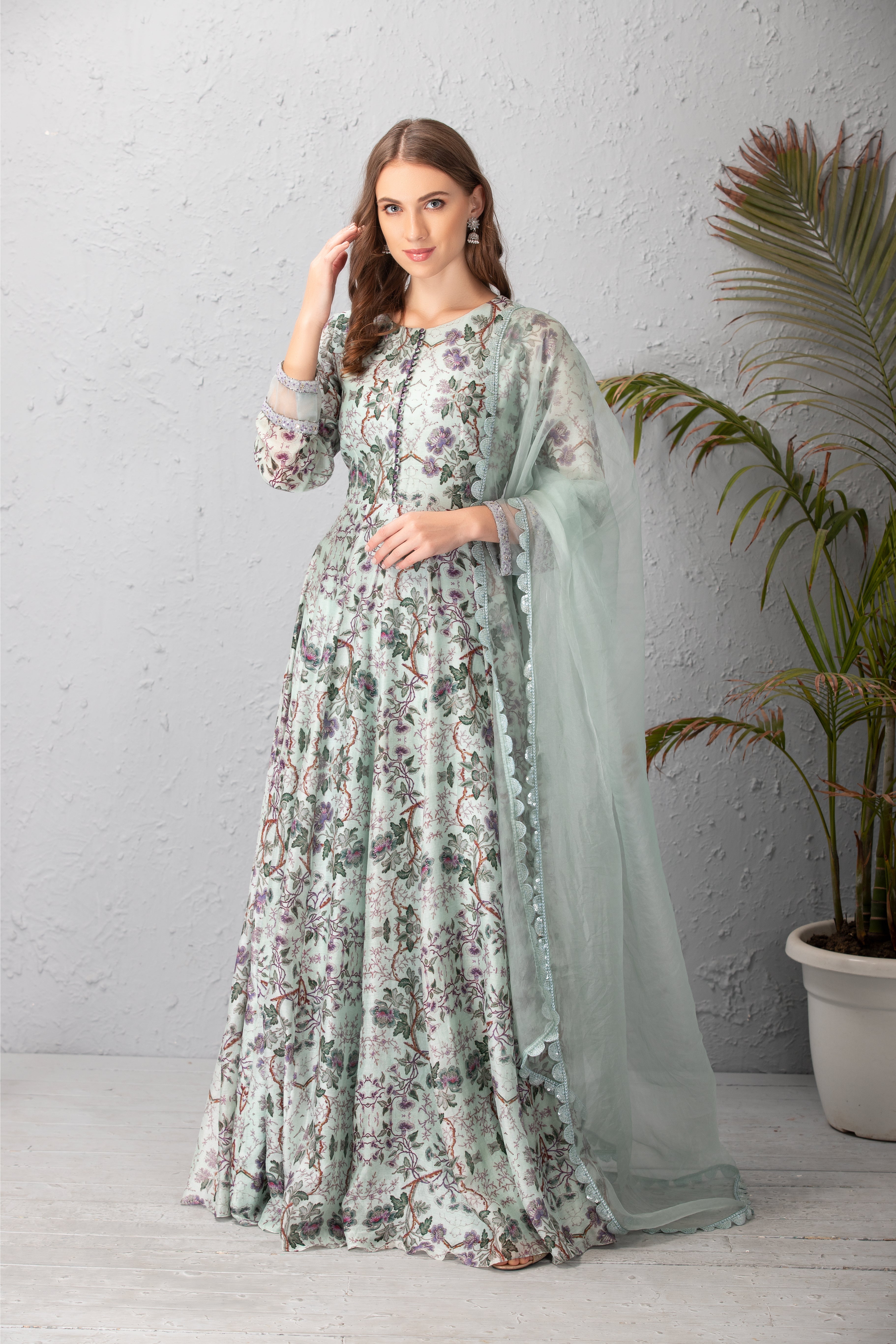 Ice Blue Embroidered Anarkali Set
