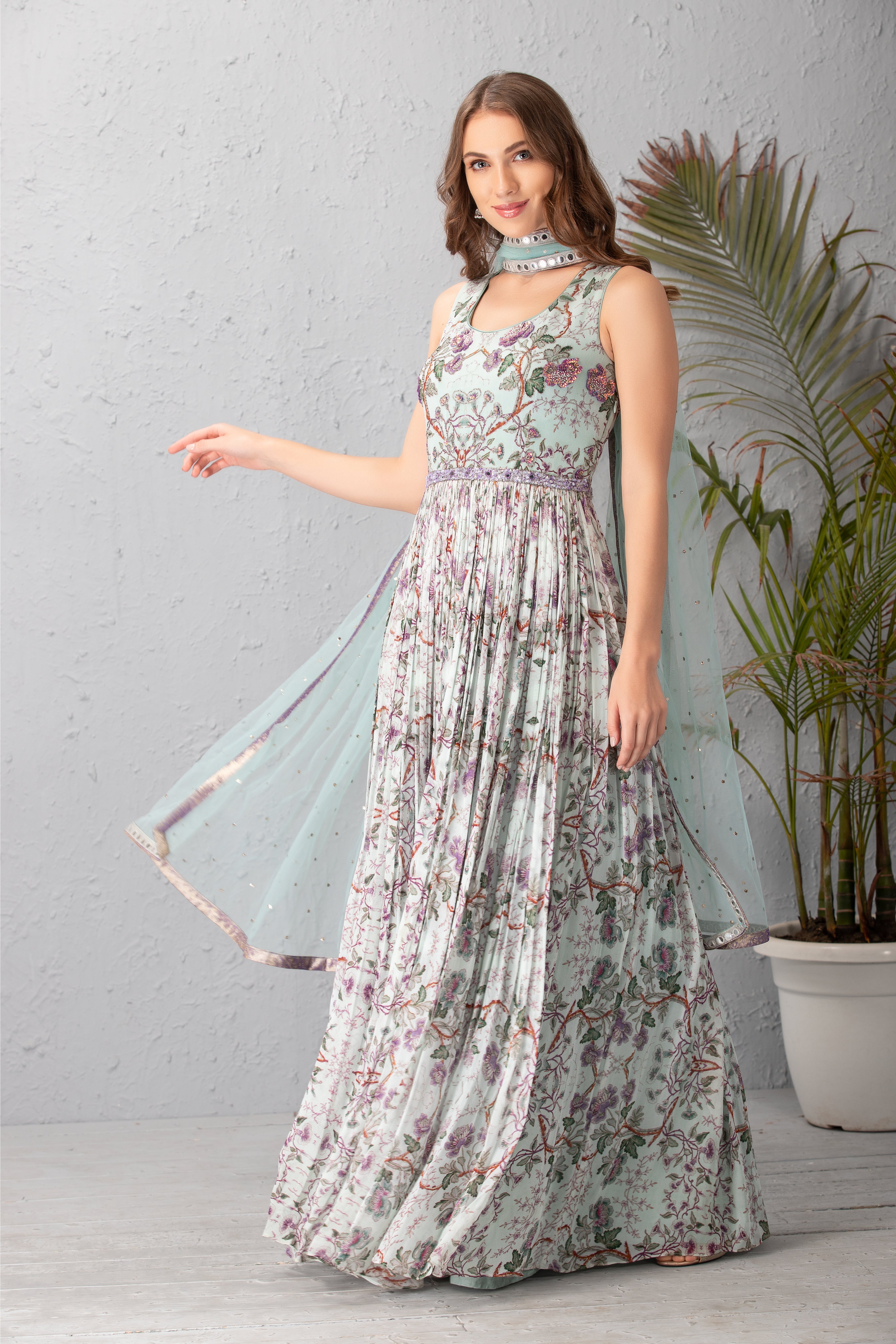 Ice Blue Hand Embroidered Anarkali Set
