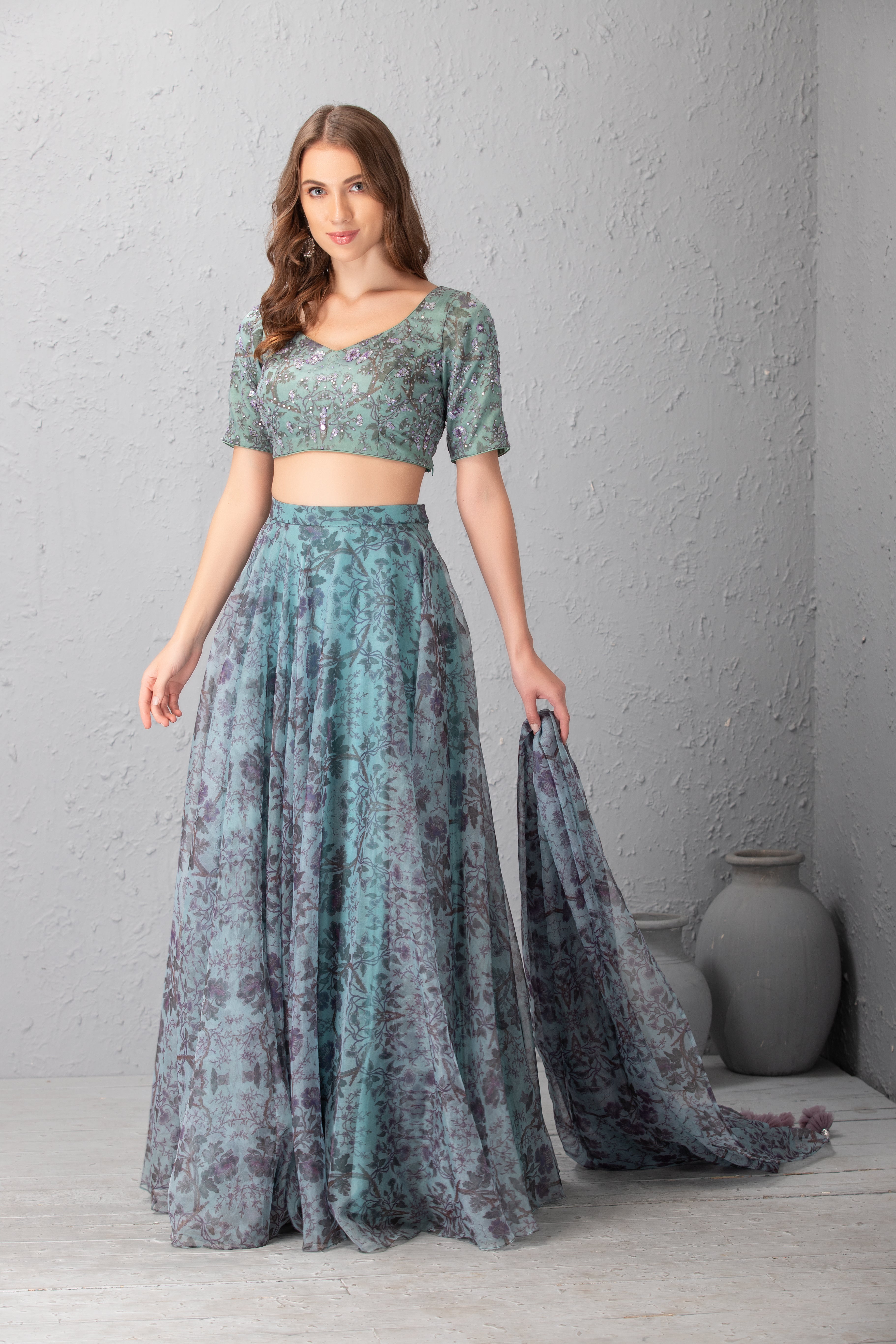 Mineral Blue Printed & Embroidered Lehenga Set