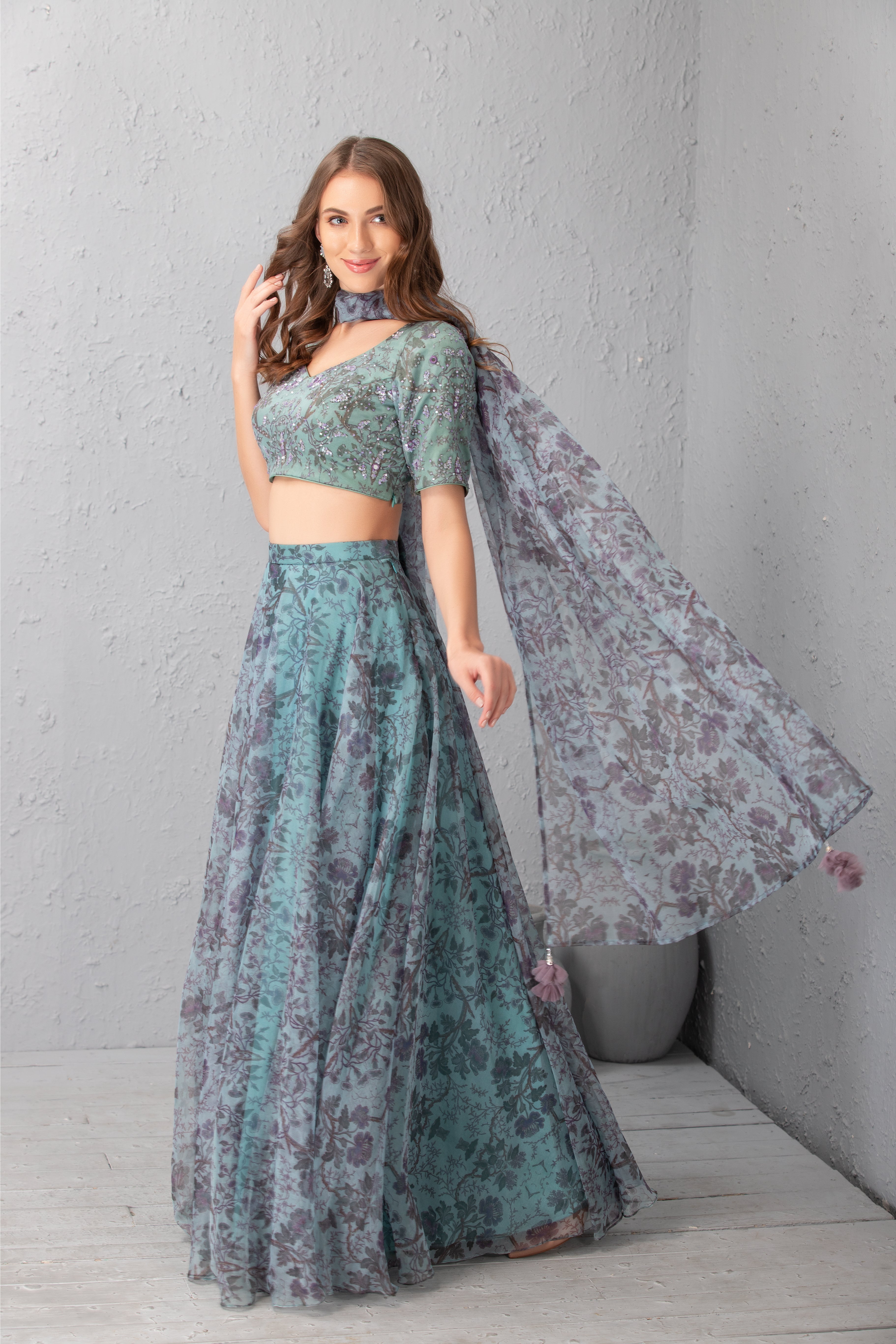 Mineral Blue Printed & Embroidered Lehenga Set