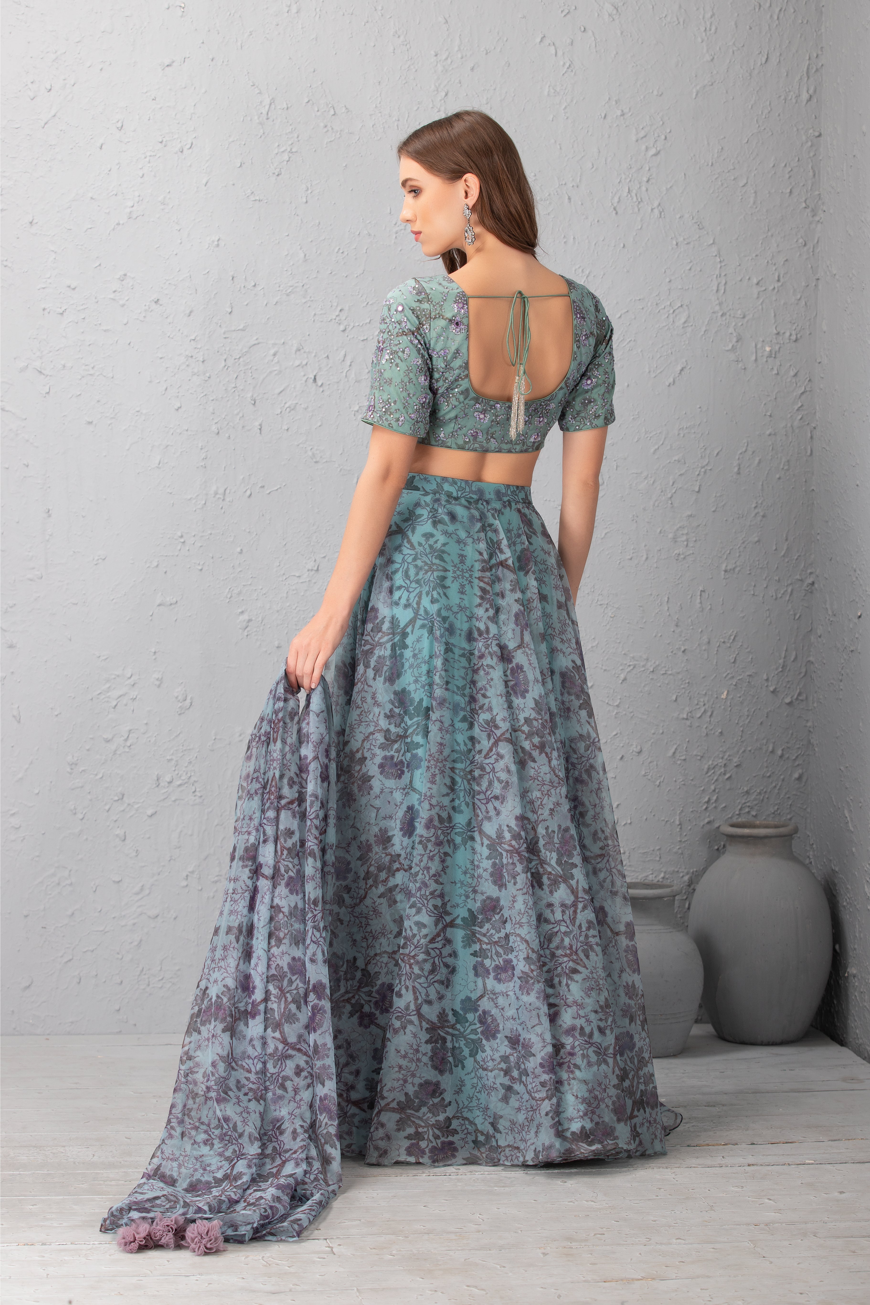Mineral Blue Printed & Embroidered Lehenga Set