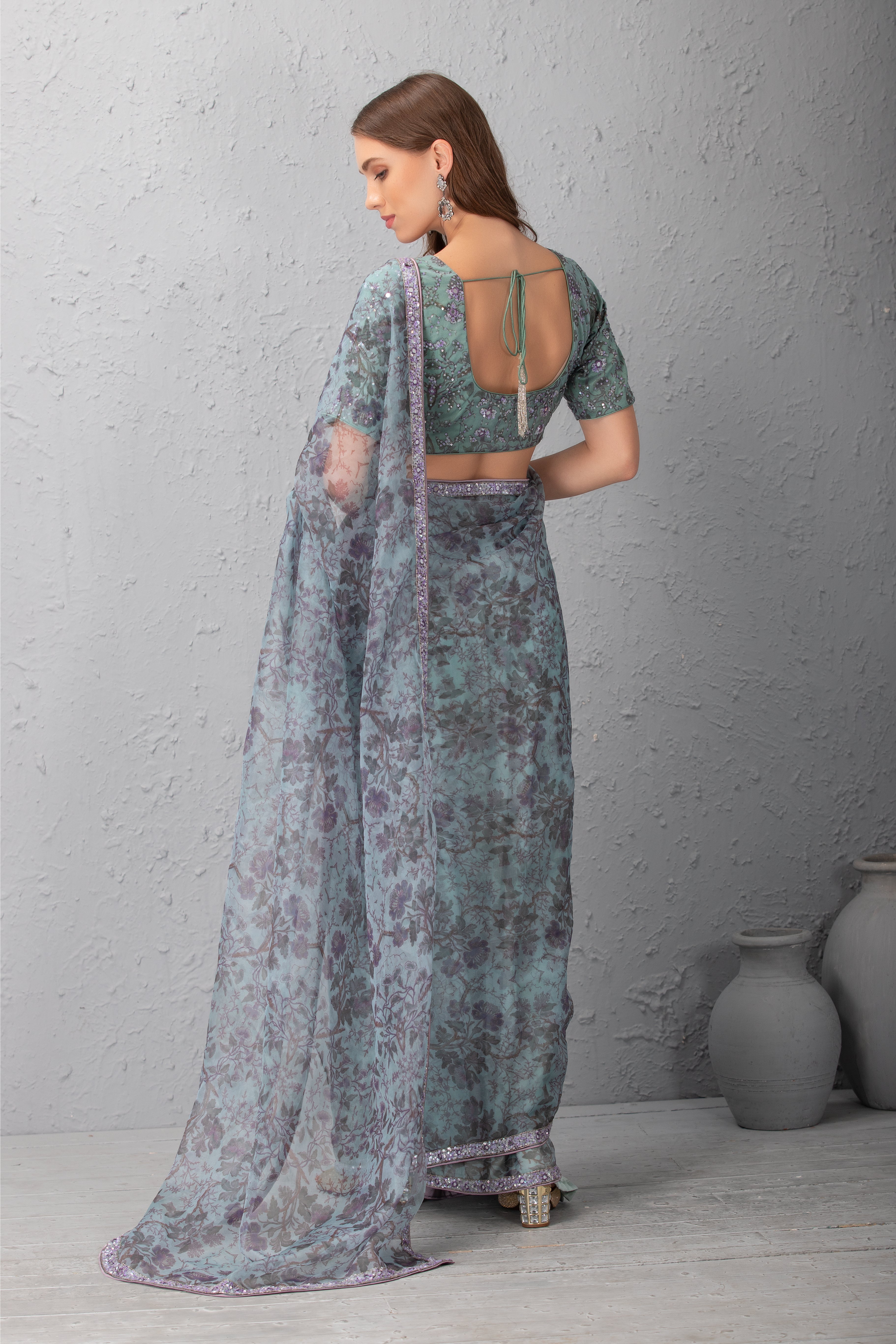 Mineral Blue Printed Floral Saree
