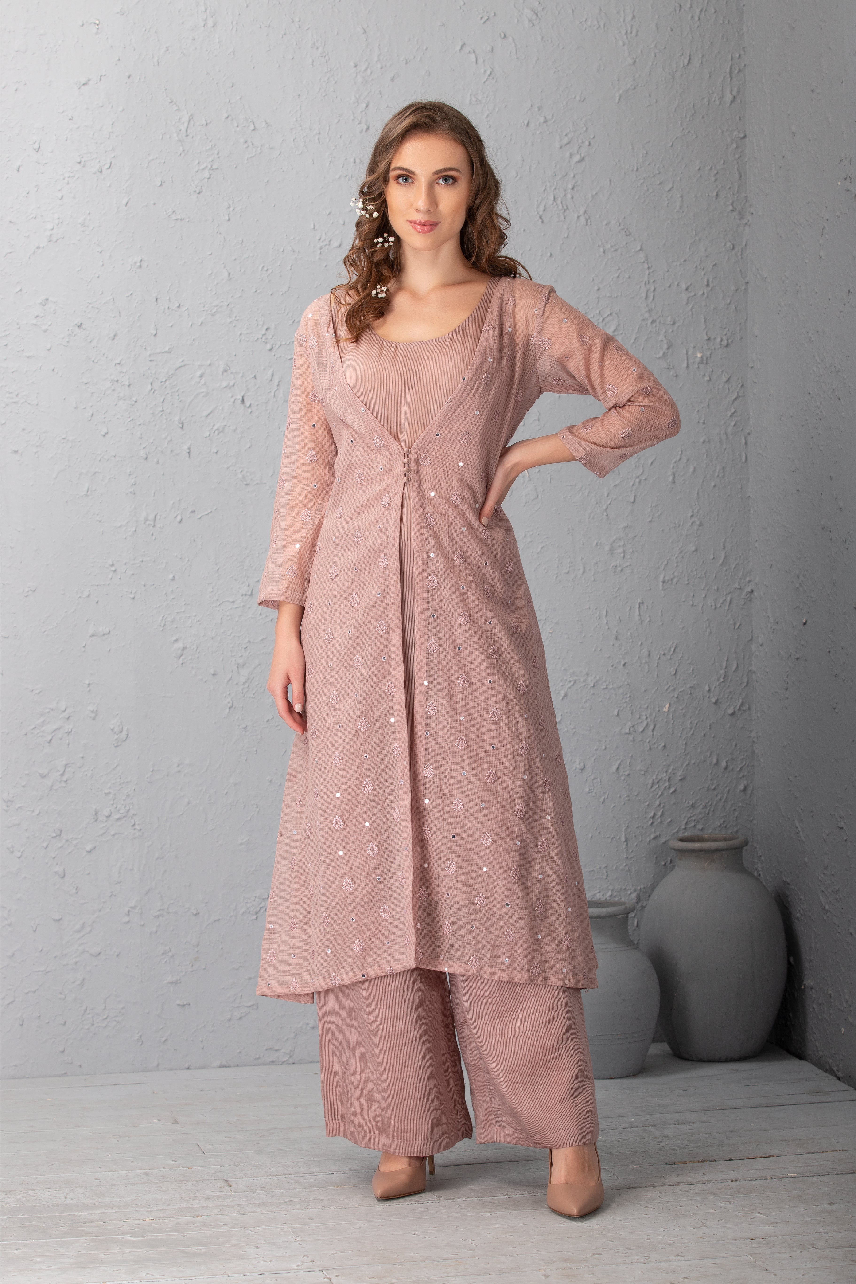 Mauve Chalk Cotton Chanderi Jacket Kurta Set