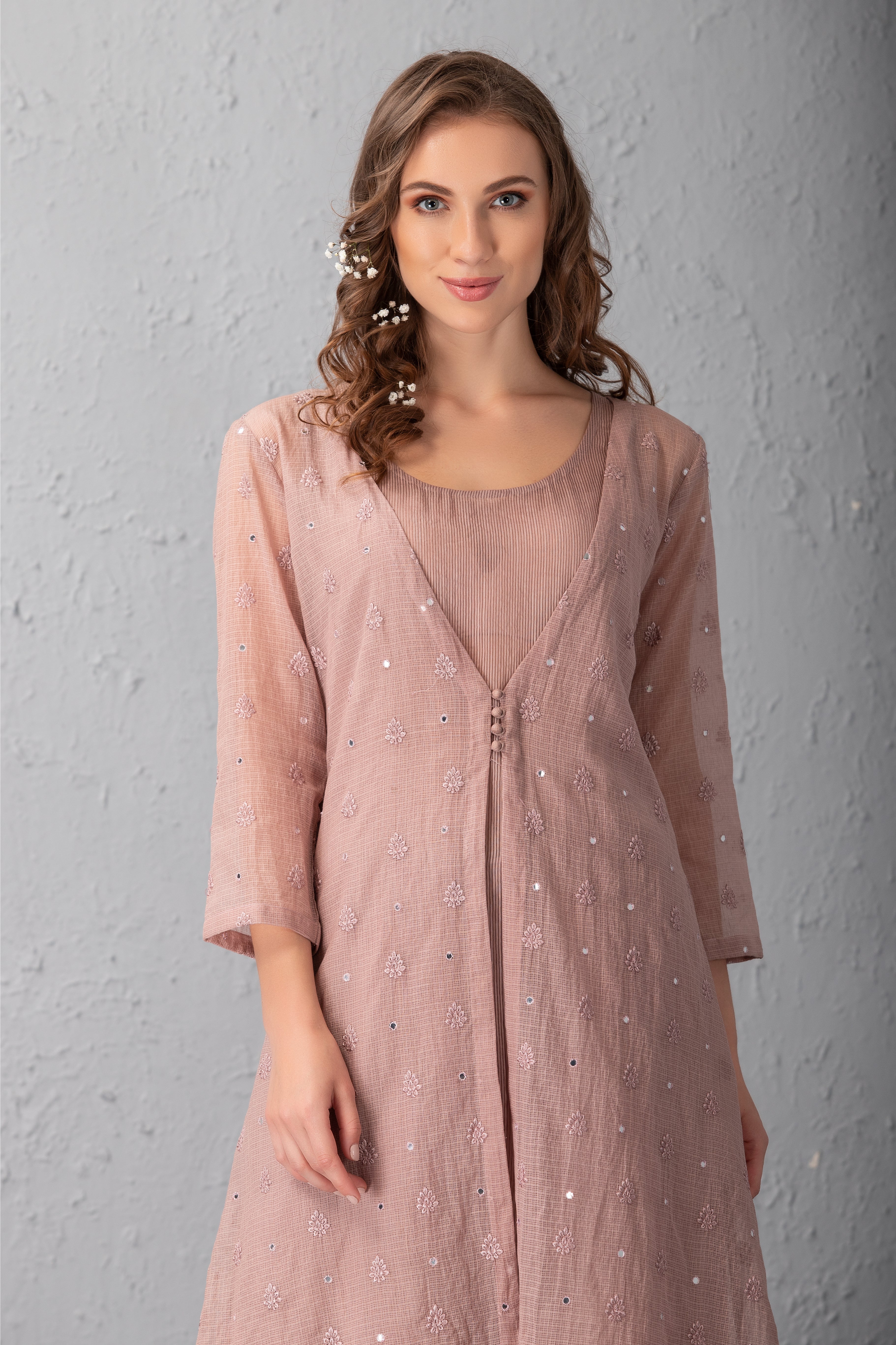 Mauve Chalk Cotton Chanderi Jacket Kurta Set