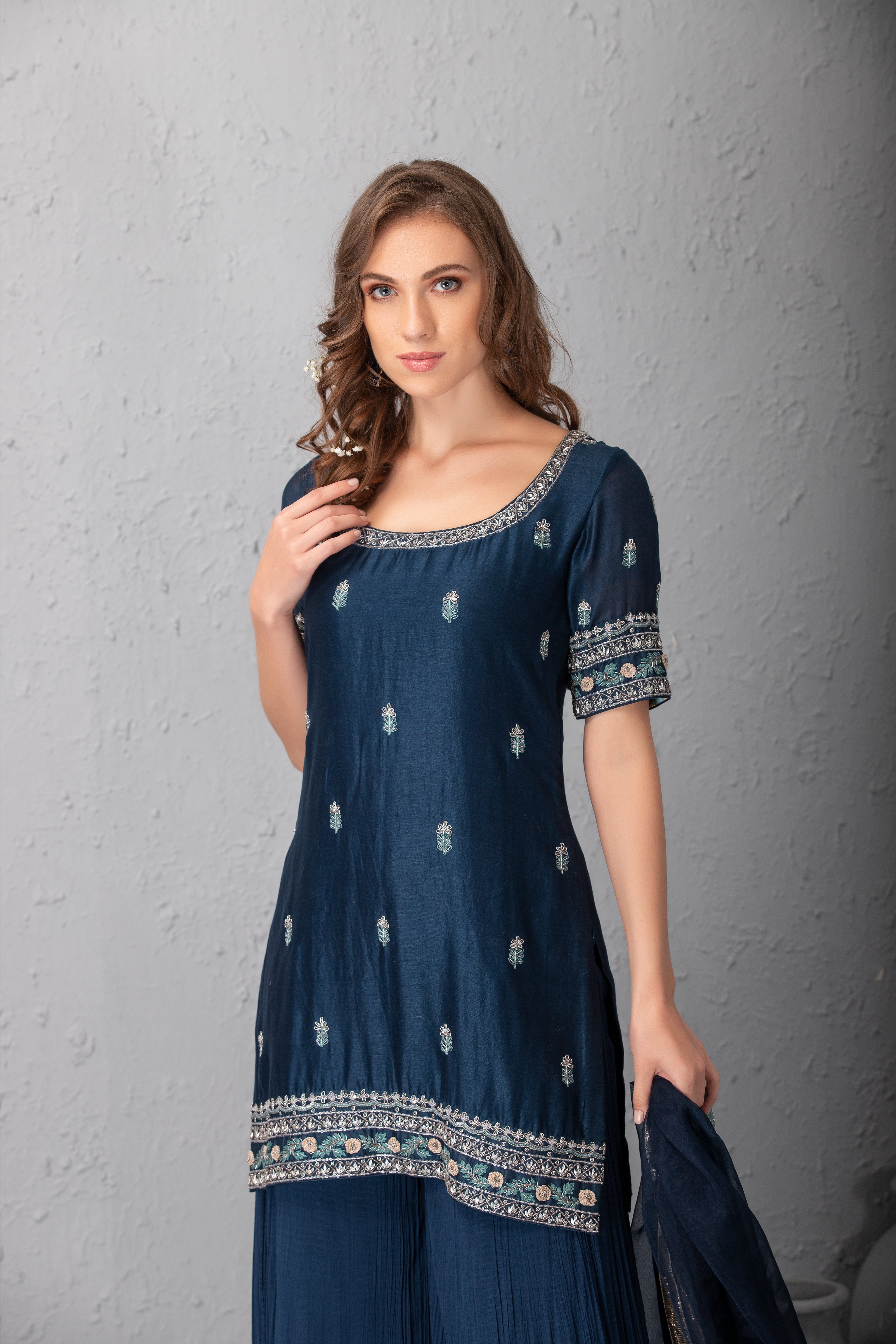 Midnight Blue Chanderi Silk & Organza Sharara Set