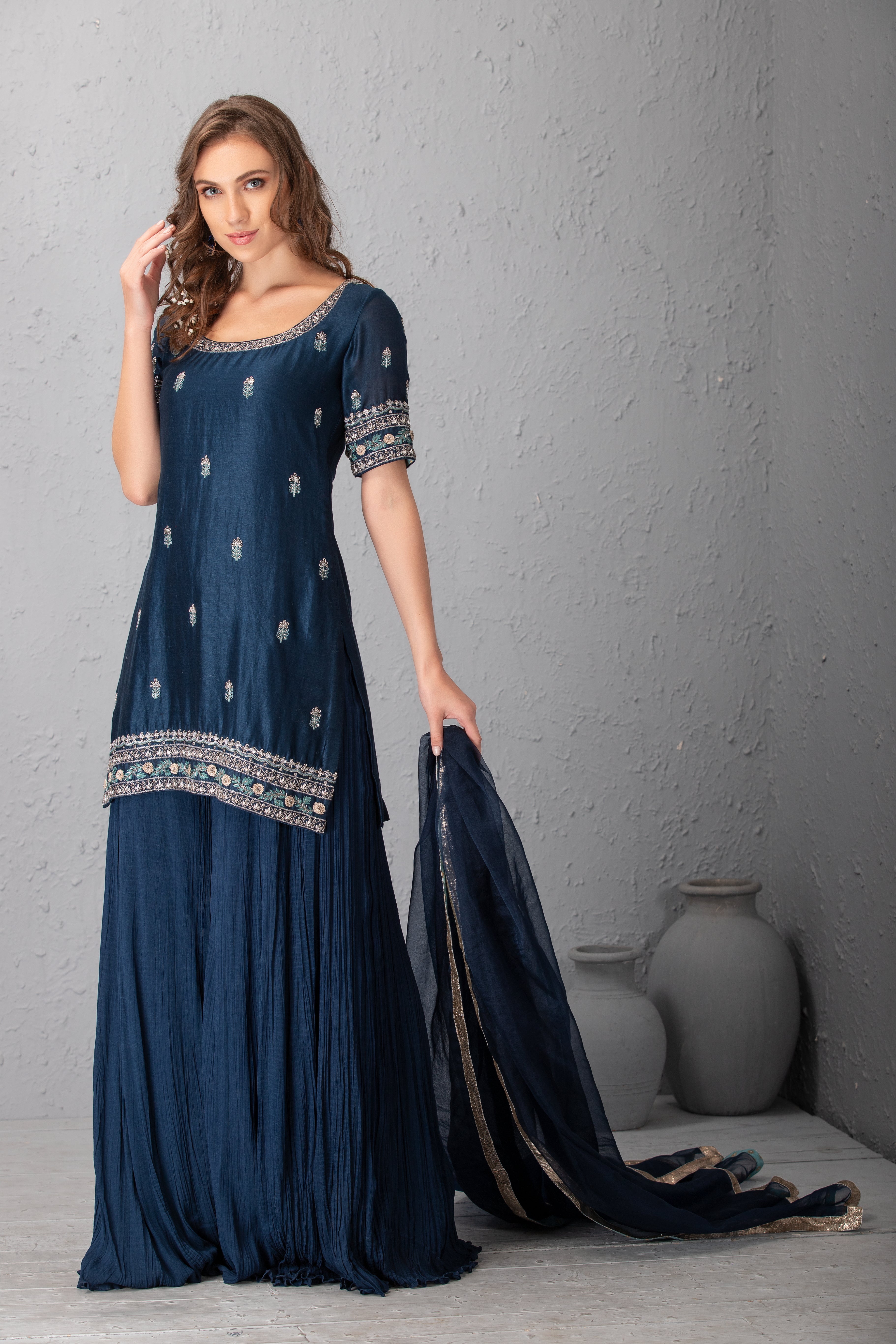 Midnight Blue Chanderi Silk & Organza Sharara Set