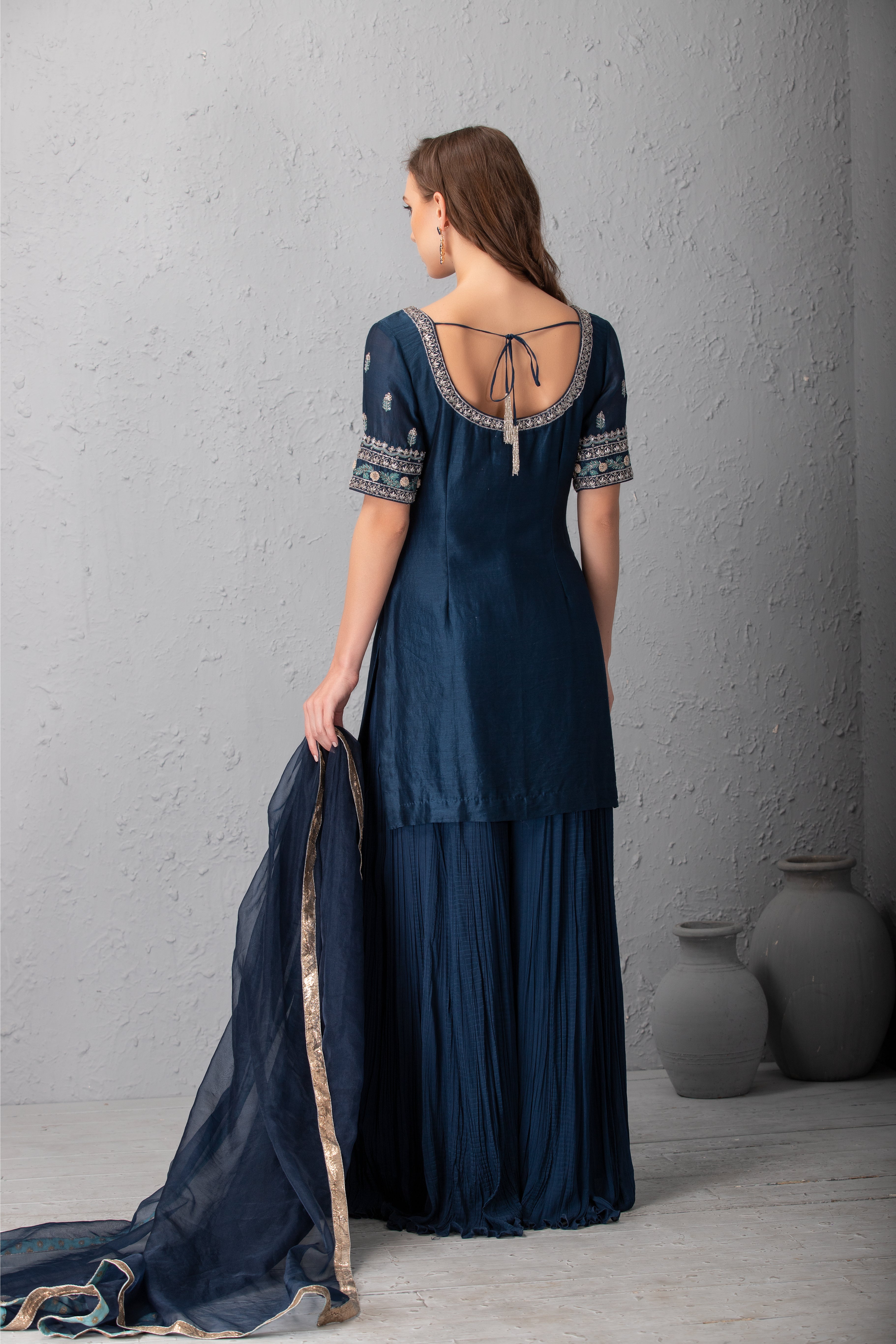 Midnight Blue Chanderi Silk & Organza Sharara Set