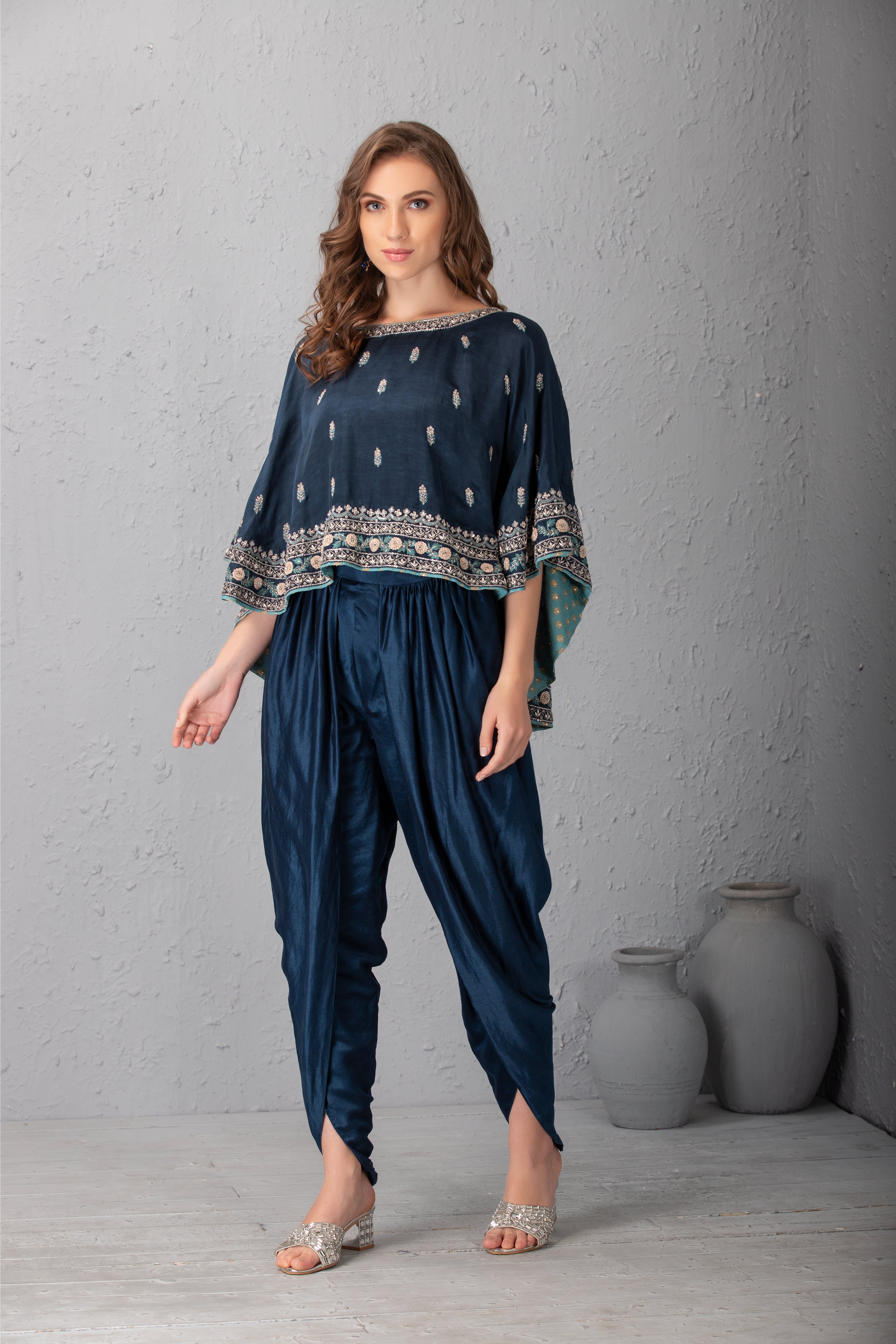 Midnight Blue Hand Embroidered Cape Set