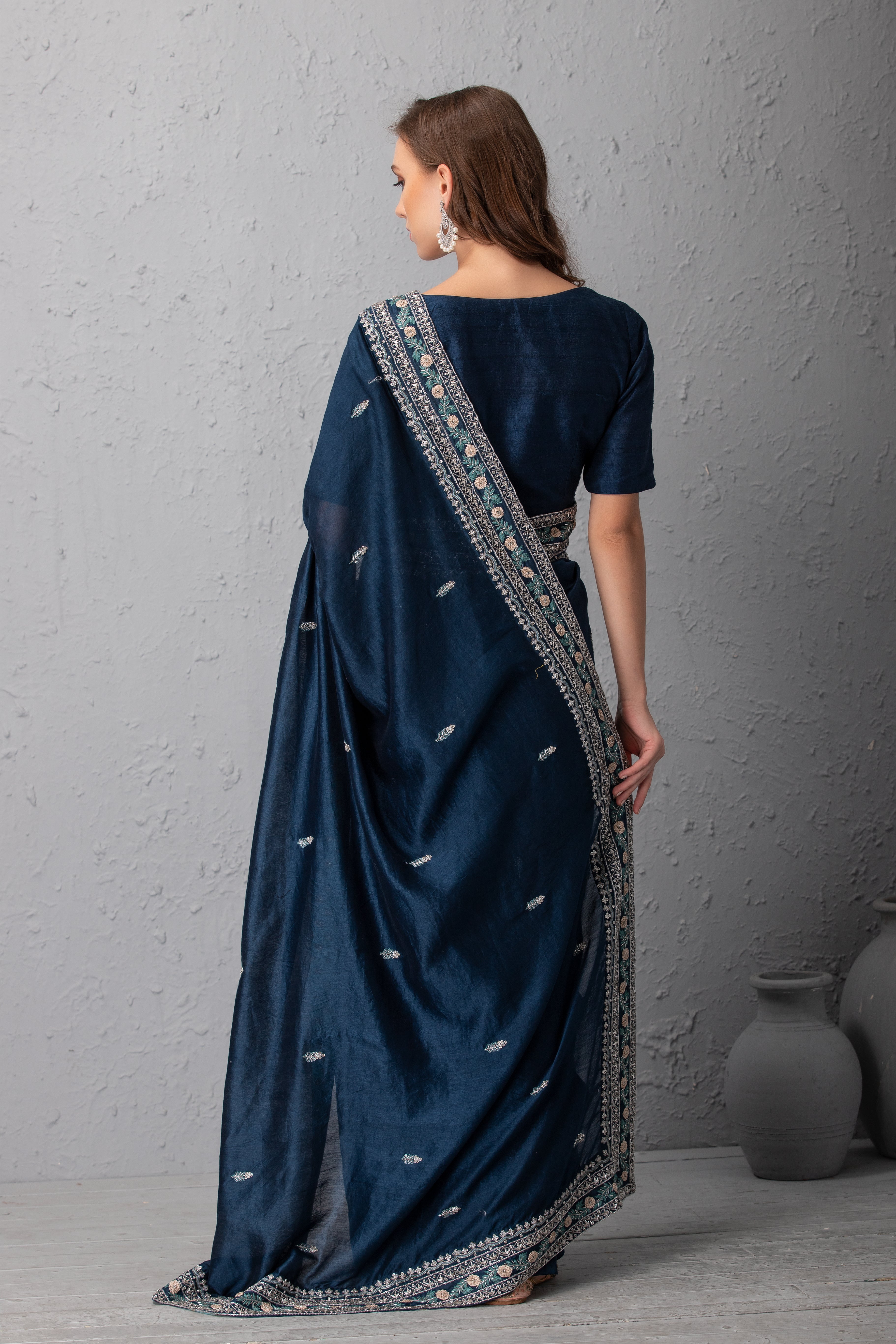 Midnight Blue hand embroidered saree set