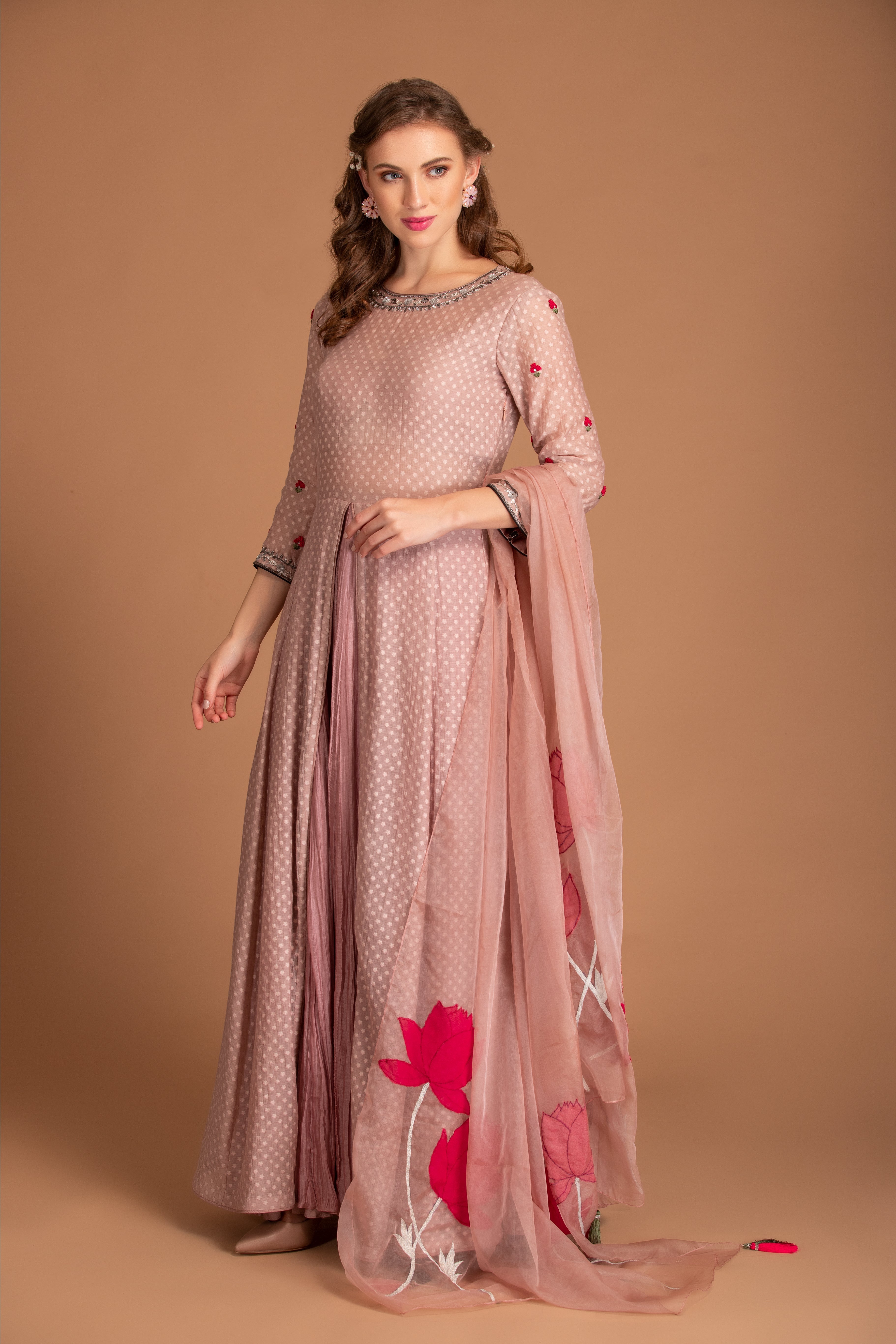 Mauve Embroidered Crinkled Anarkali Set