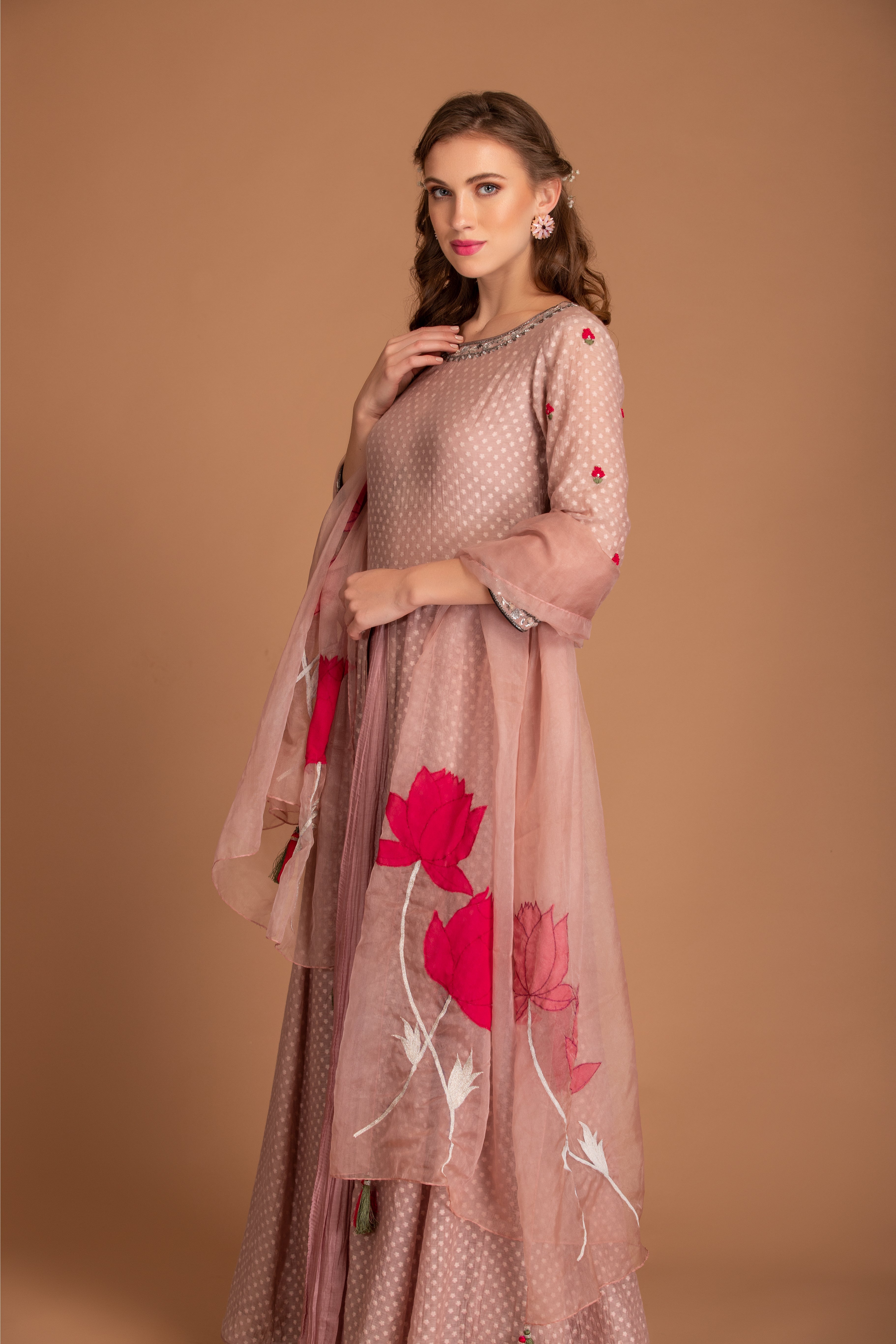 Mauve Embroidered Crinkled Anarkali Set
