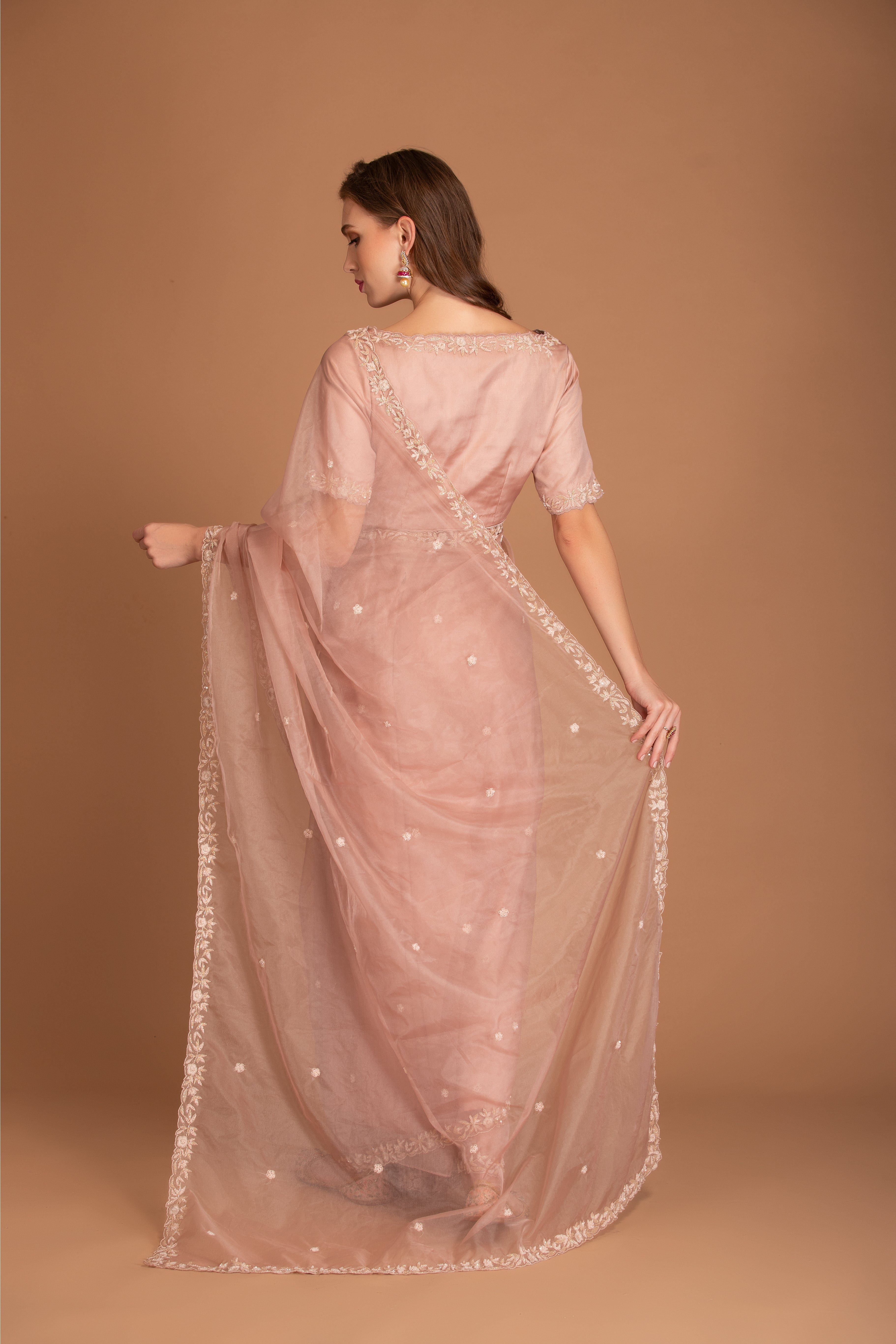 Rose Pink Embroidered Organza Saree