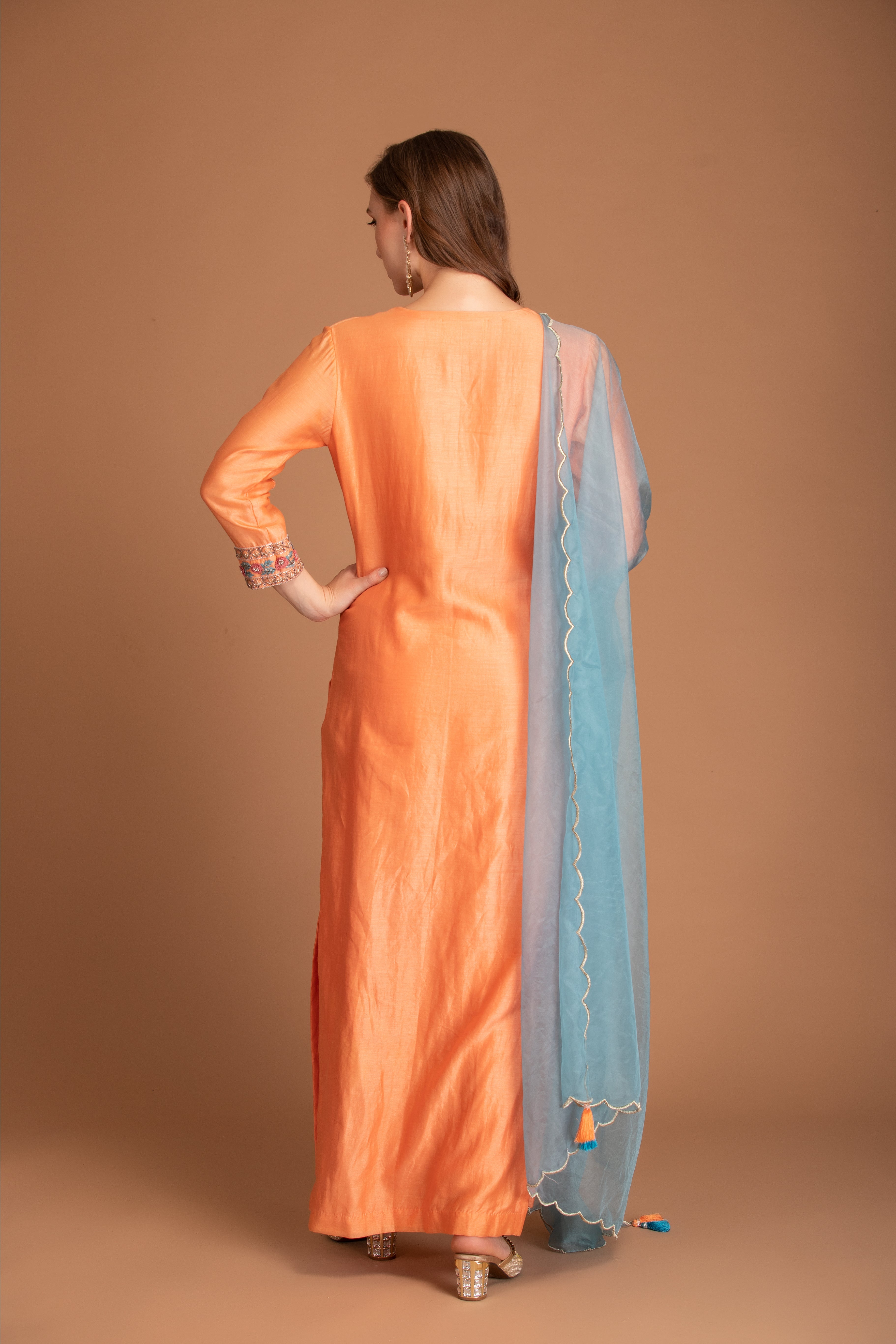 Orange Chanderi Silk Long Kurta With Dupatta