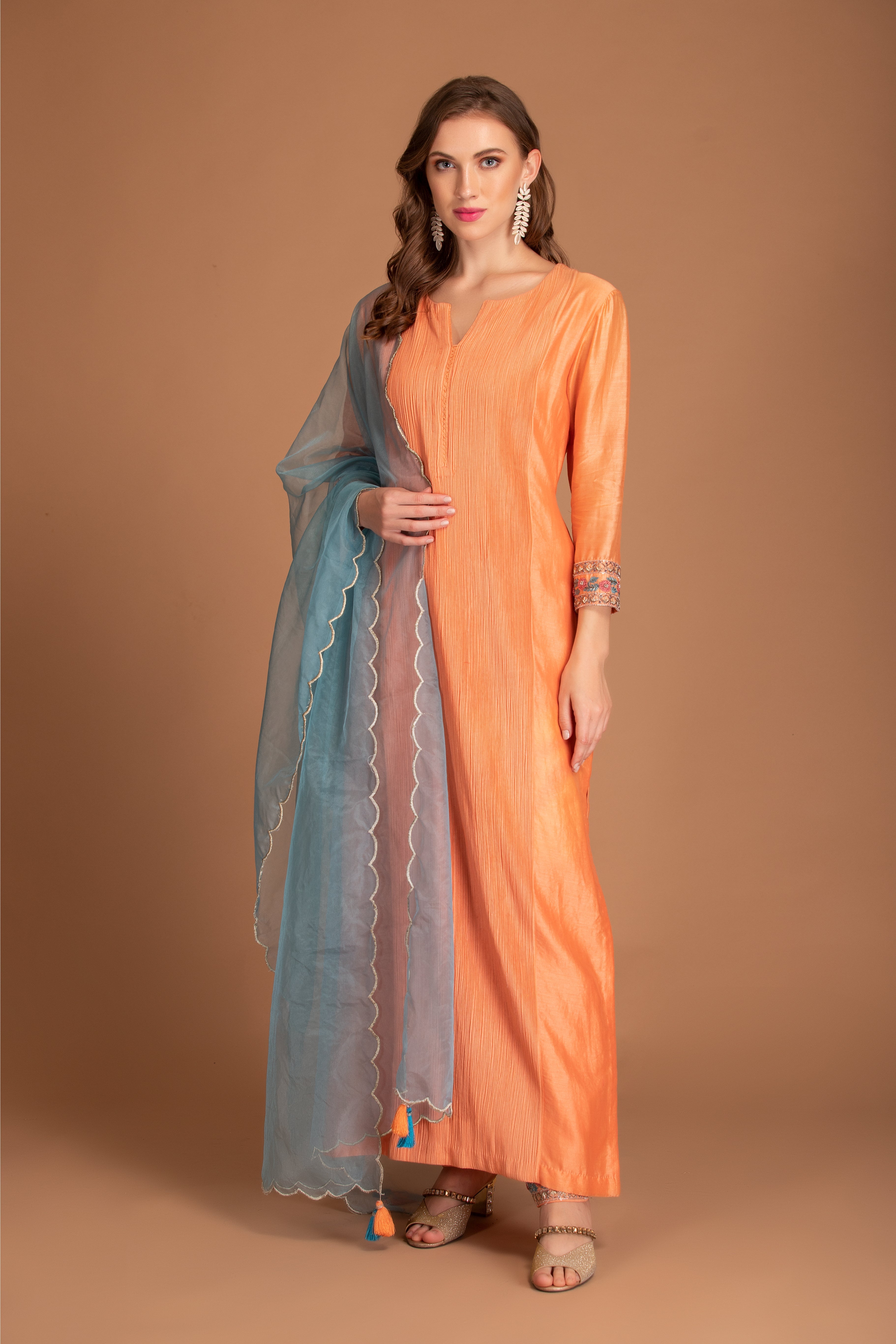 Orange Chanderi Silk Long Kurta With Dupatta