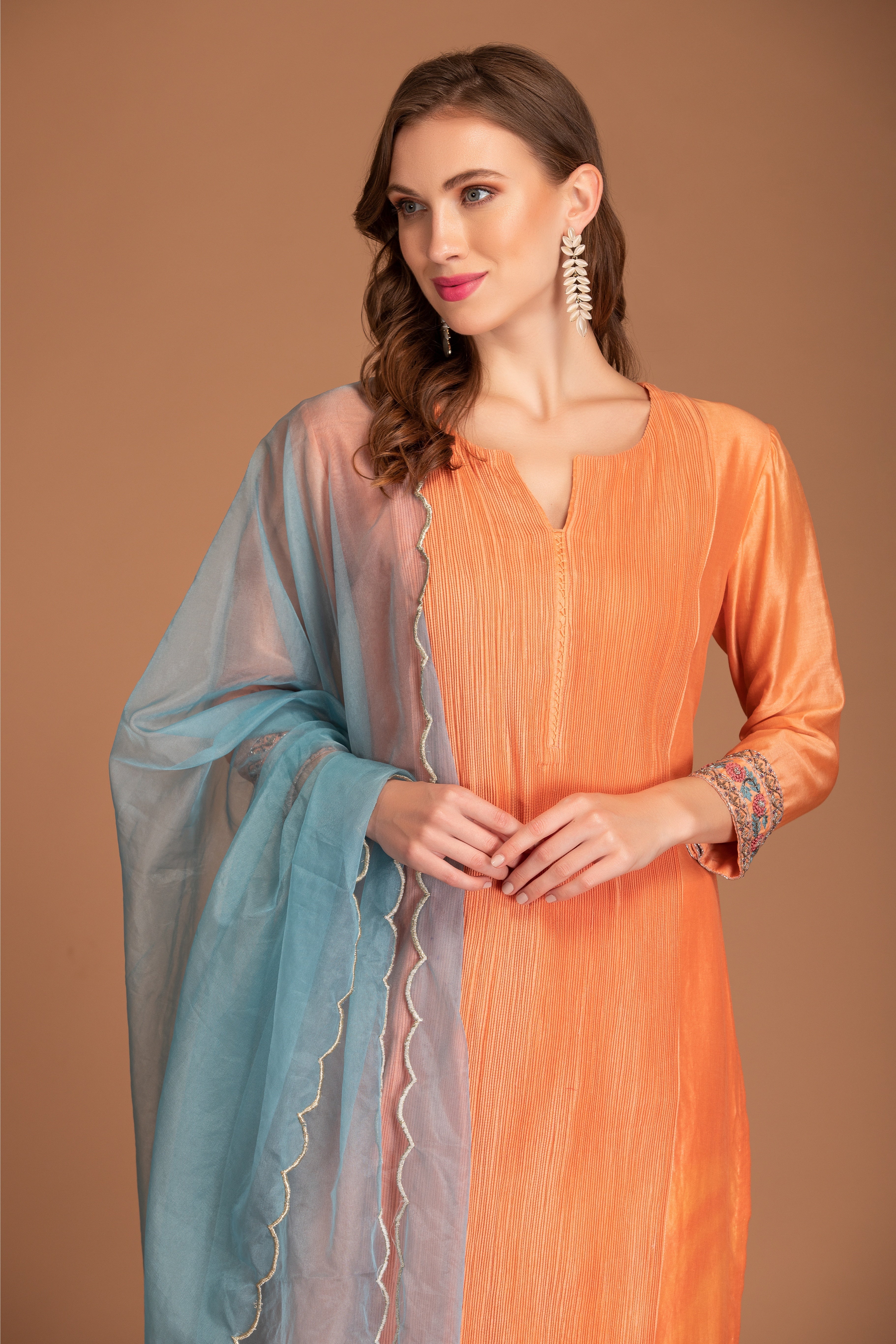 Orange Chanderi Silk Long Kurta With Dupatta
