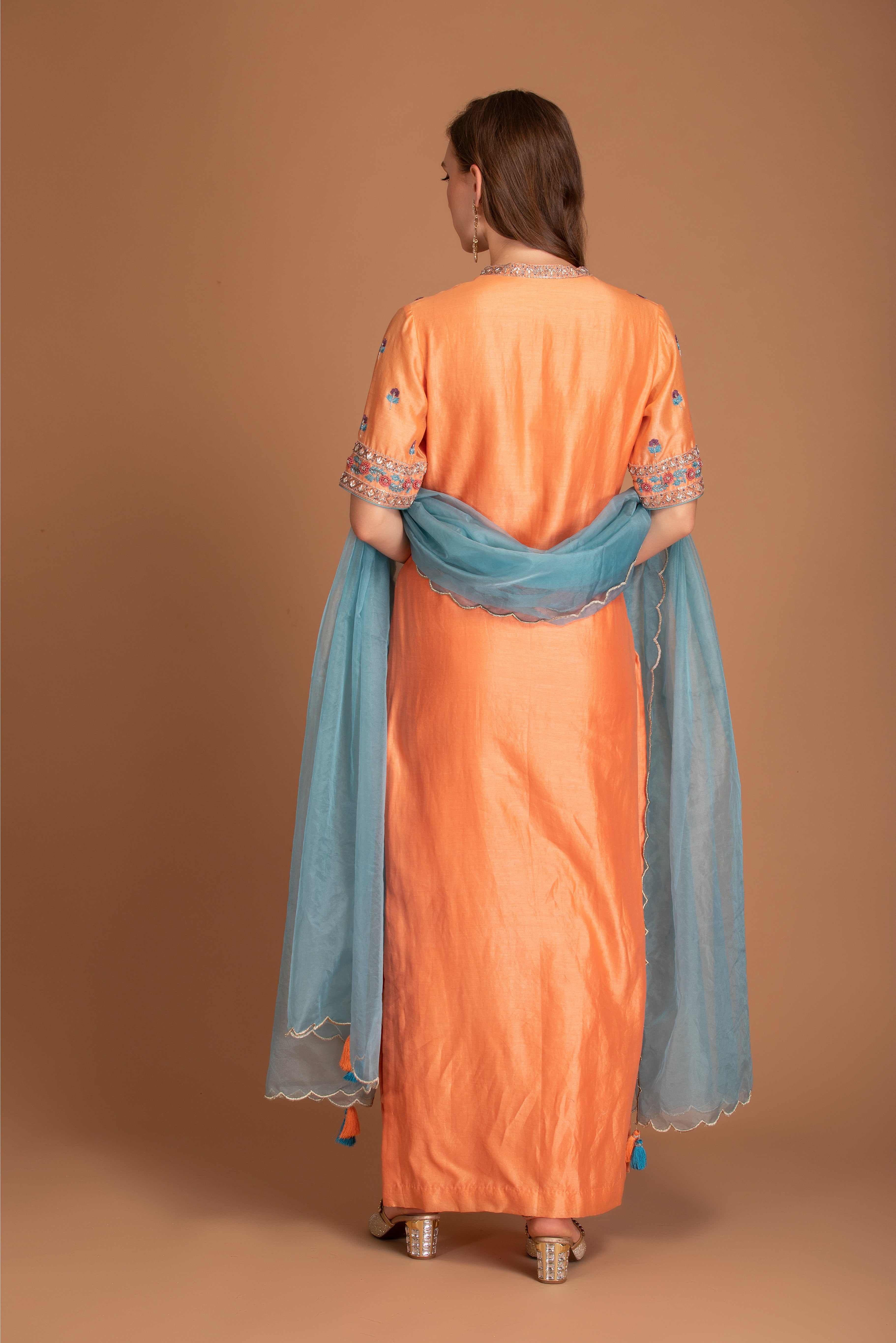 Tropical Orange Chanderi Silk Kurta Set