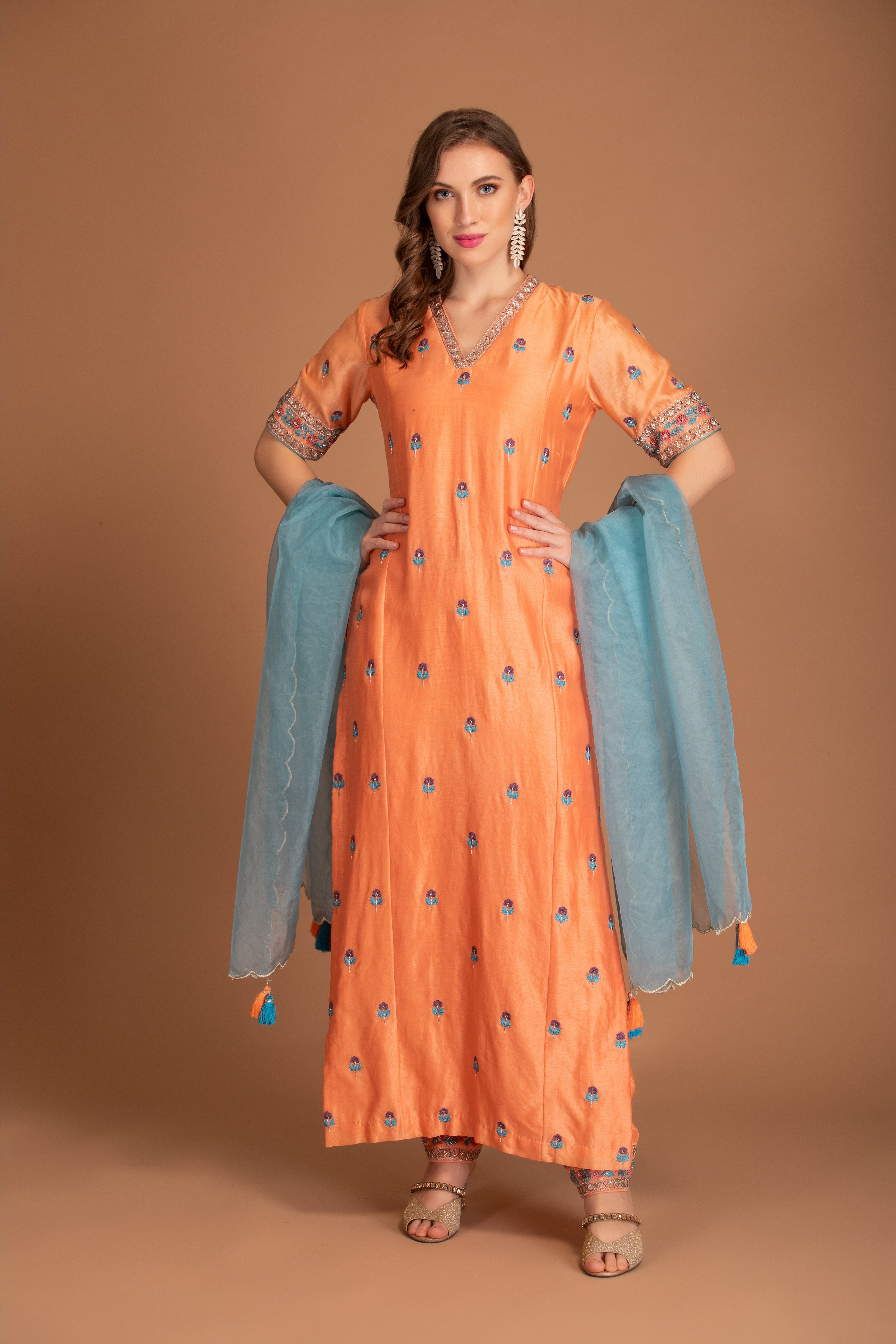 Tropical Orange Chanderi Silk Kurta Set