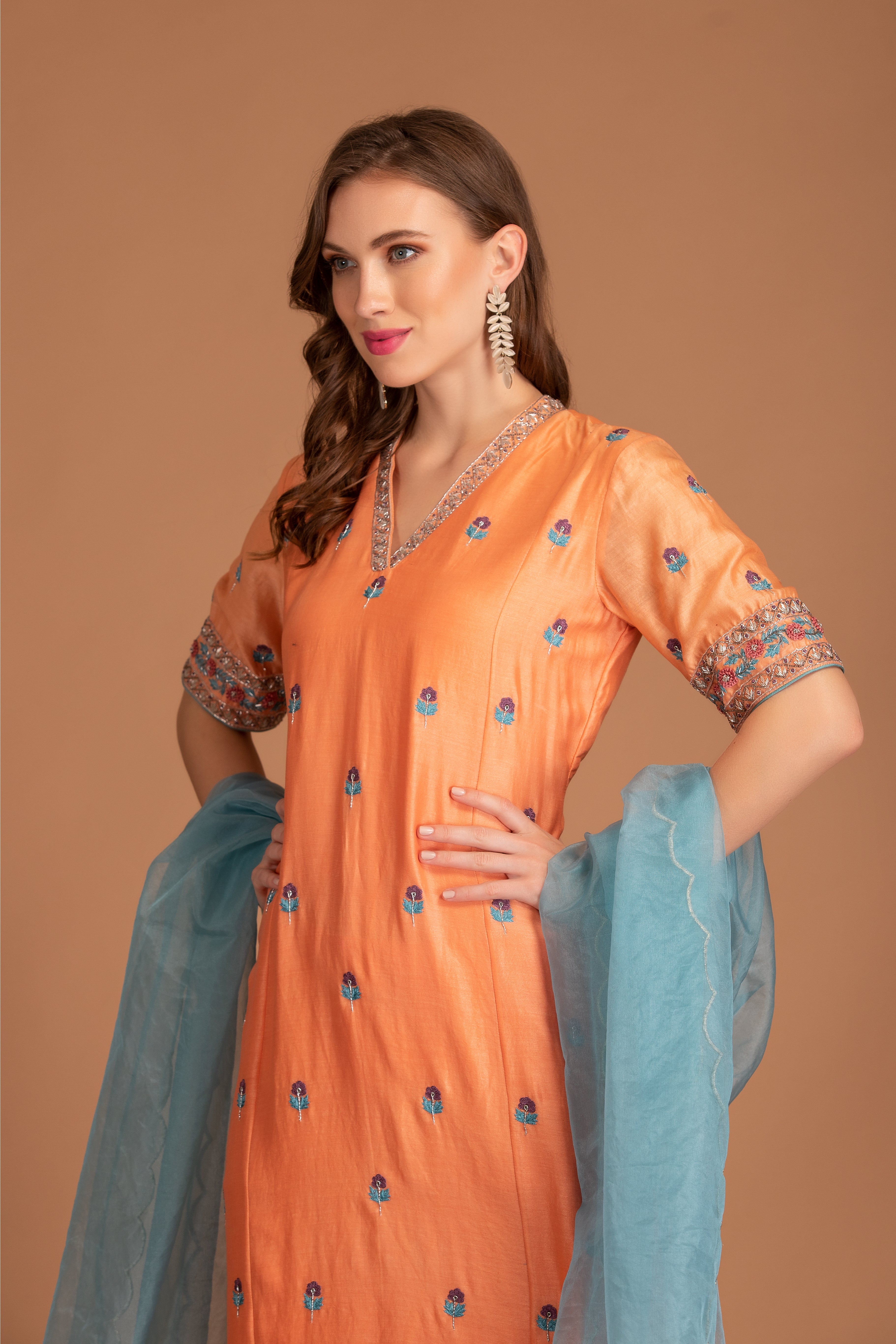 Tropical Orange Chanderi Silk Kurta Set