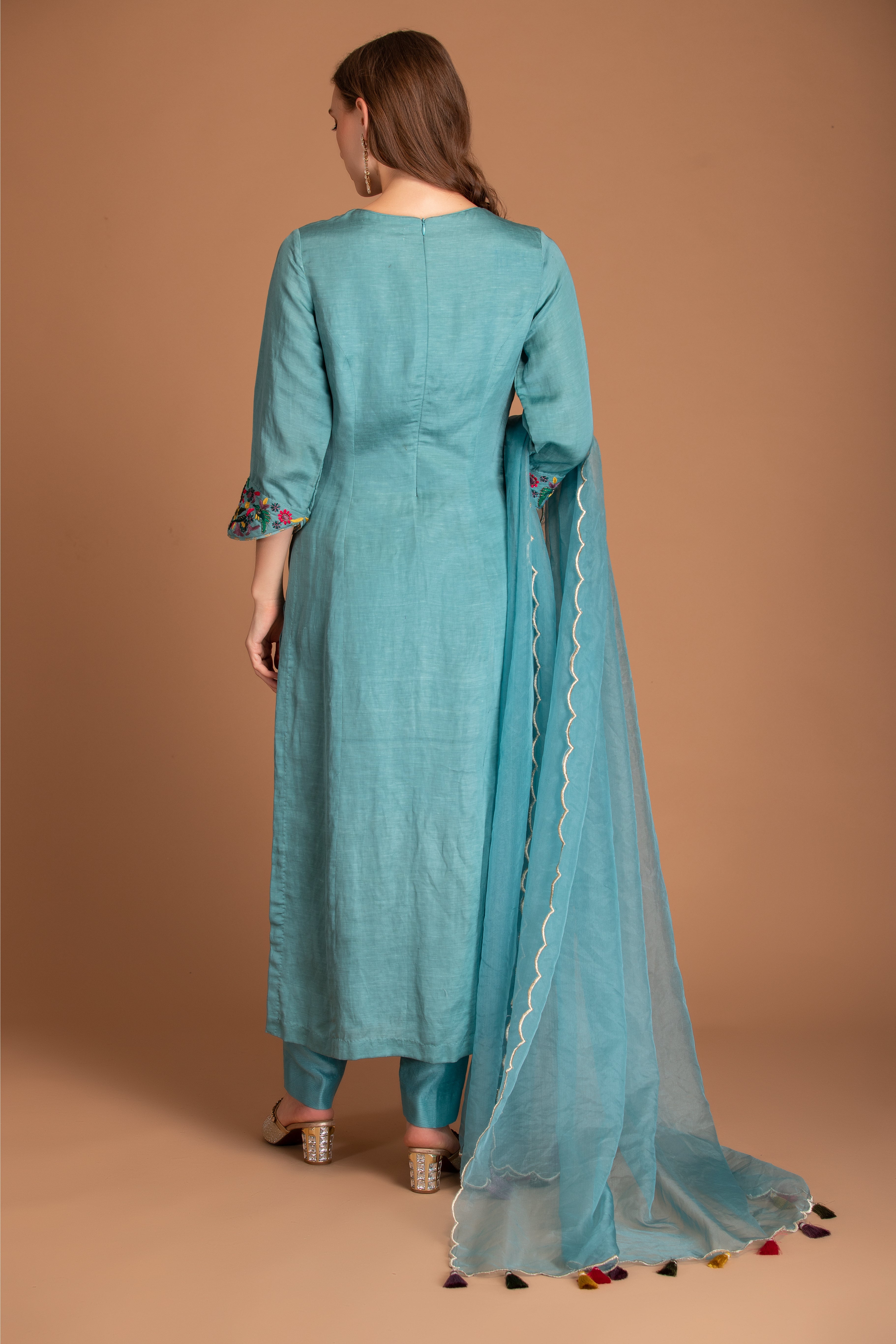 Mineral Blue Embroidered Silk Linen Kurta Pant Set