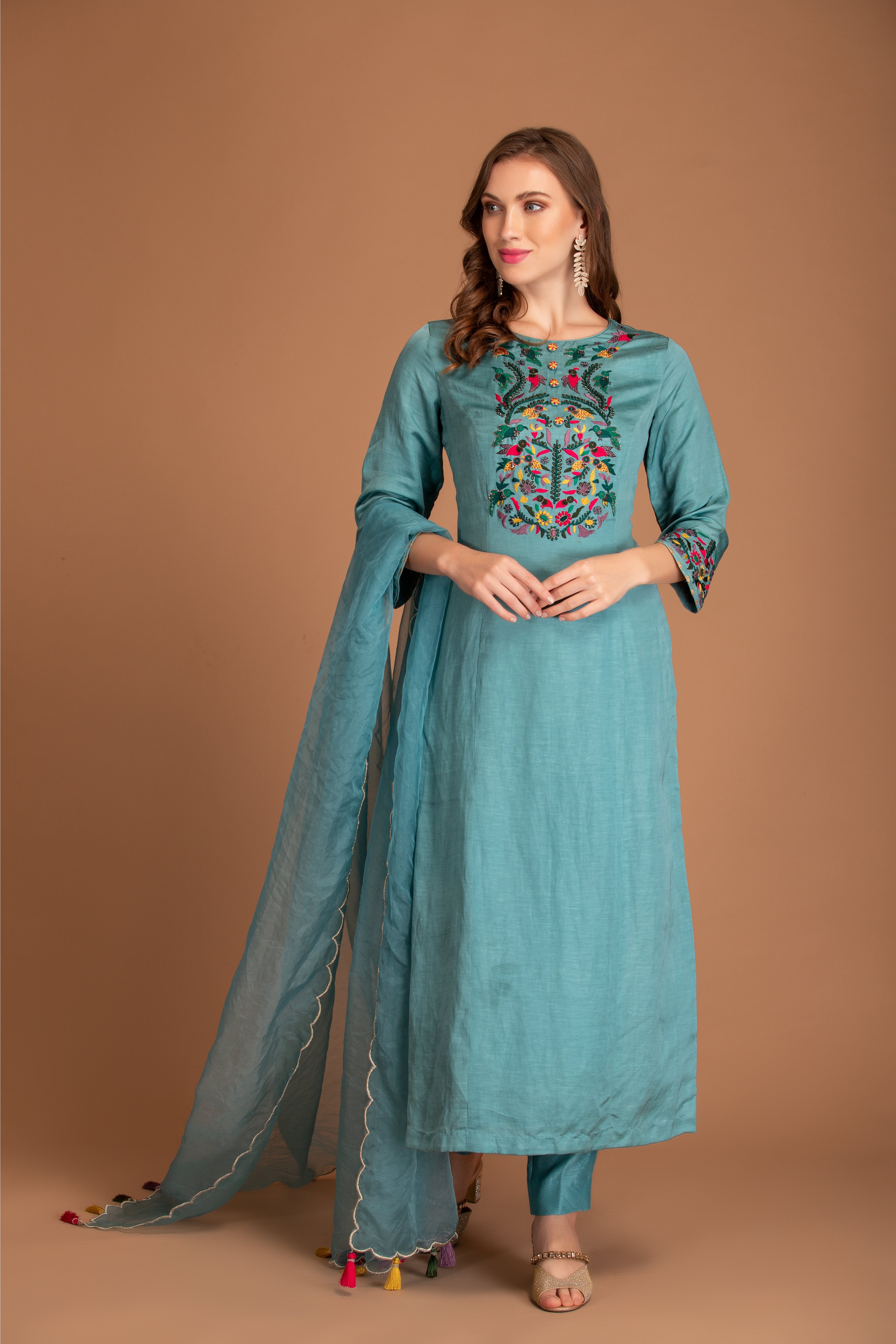 Mineral Blue Embroidered Silk Linen Kurta Pant Set